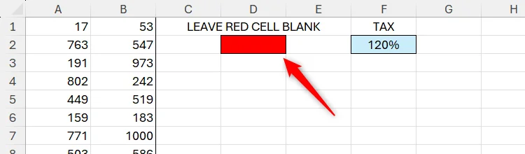 A cell colored red in Microsoft Excel, with the words LEAVE RED CELL BLANK above.