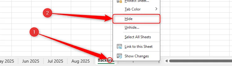 The right-click menu on the tab of a Backend worksheet in Excel is expanded, and Hide is selected.