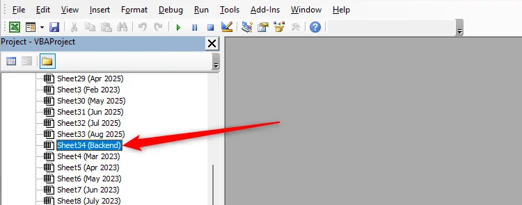 A backend worksheet is selected in the Project Explorer pane of Excel's VBA window.