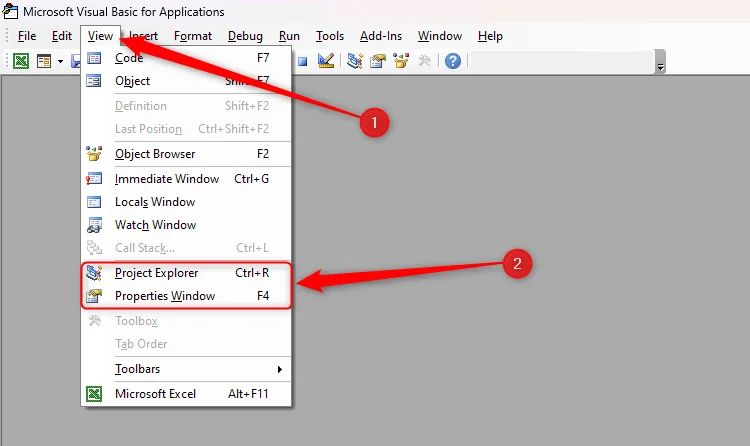 The View tab of Excel's VBA is expanded, and Project Explorer and Properties Window are highlighted in the menu.