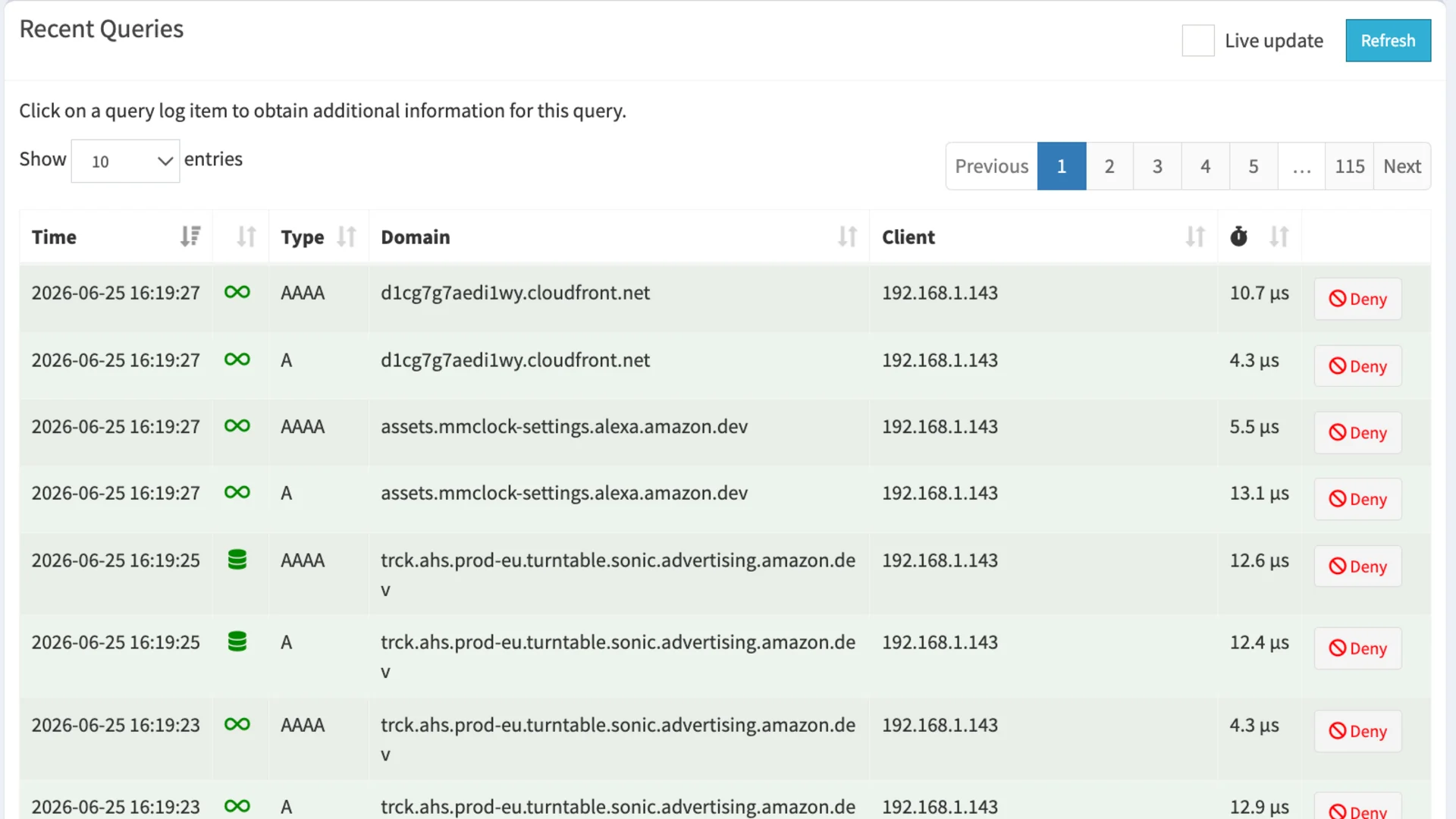 Pi-hole recent queries page 1 showing Echo Show DNS requests to cloudfront alexa settings and advertising domain.