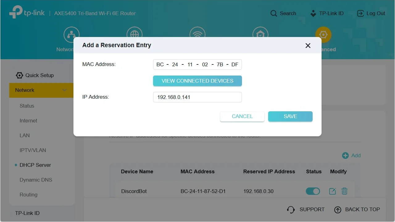 Adding a DHCP reservation to a TP-Link router. 