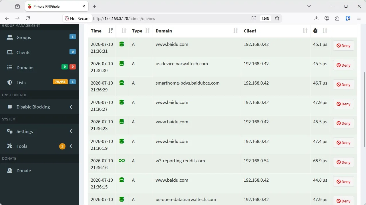 A list of DNS queries in Pi-hole.