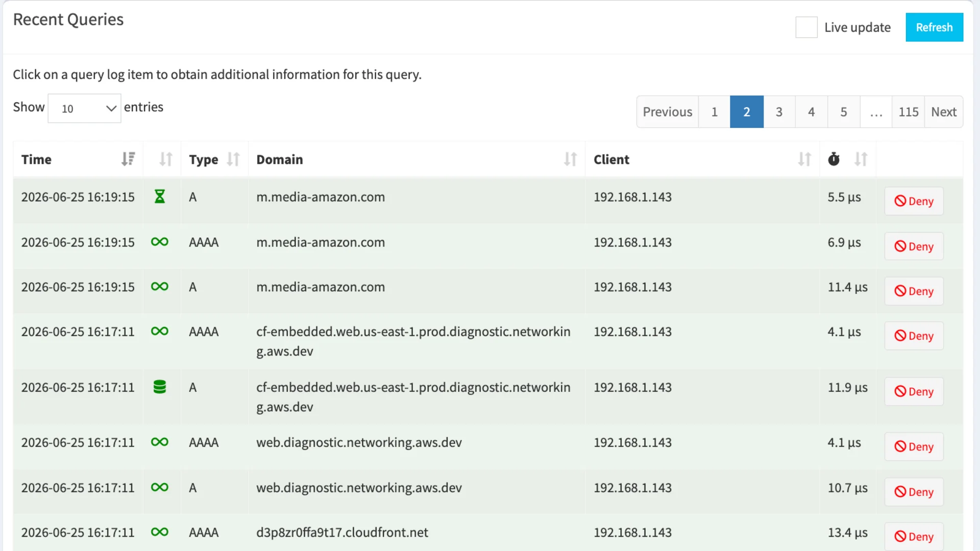 Pi-hole recent queries page 2 showing Echo Show DNS requests to m.media-amazon.com and diagnostic domains.