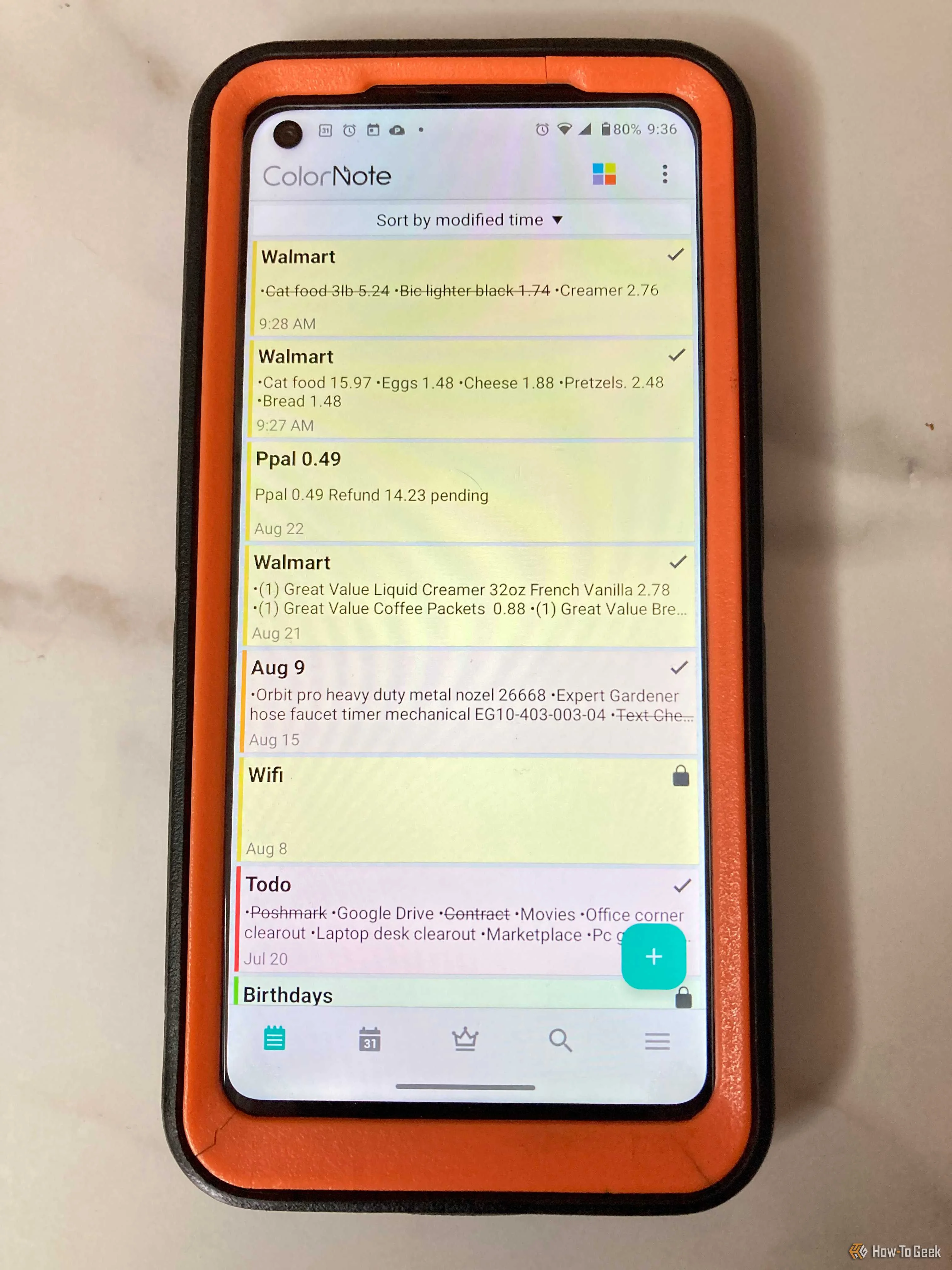 Image of Android phone displaying the ColorNote detailed list view