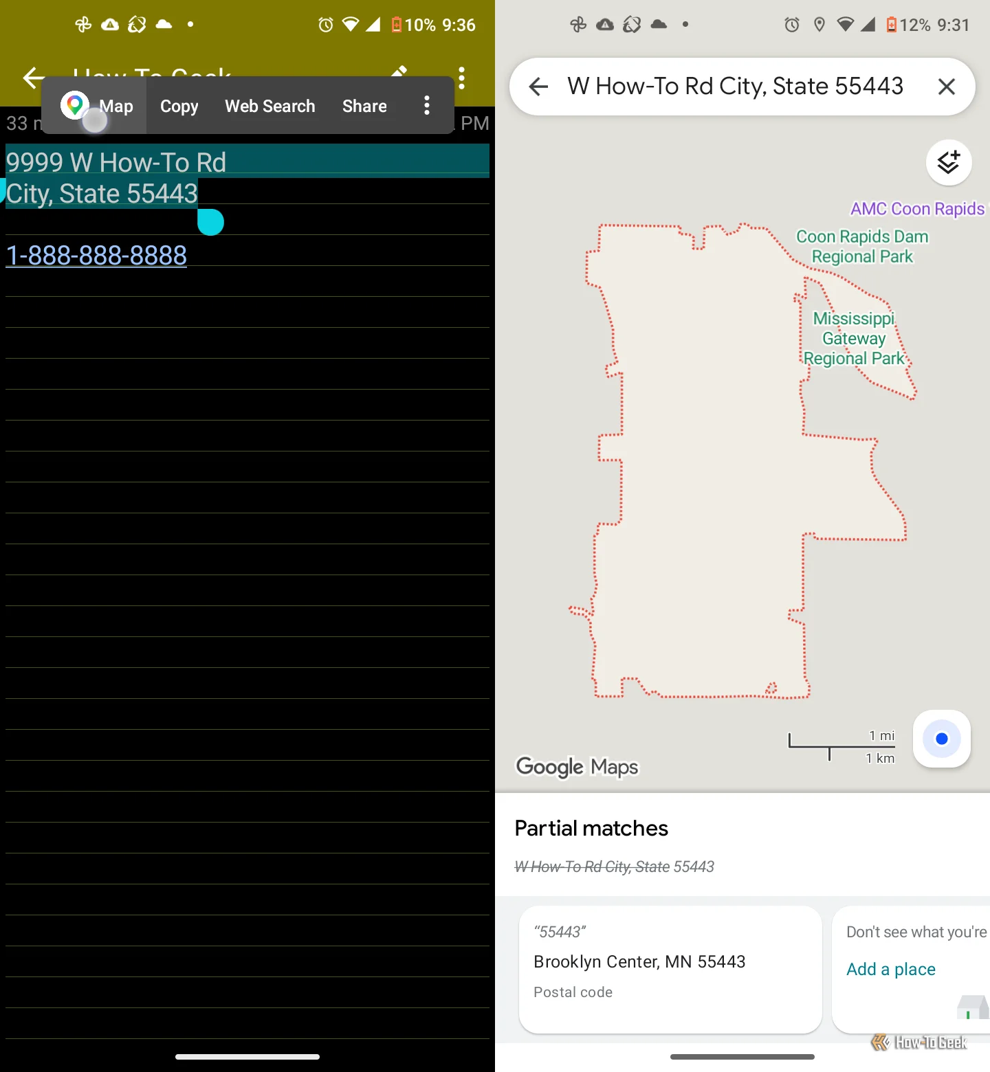 Colornote app showing auto link feature for address