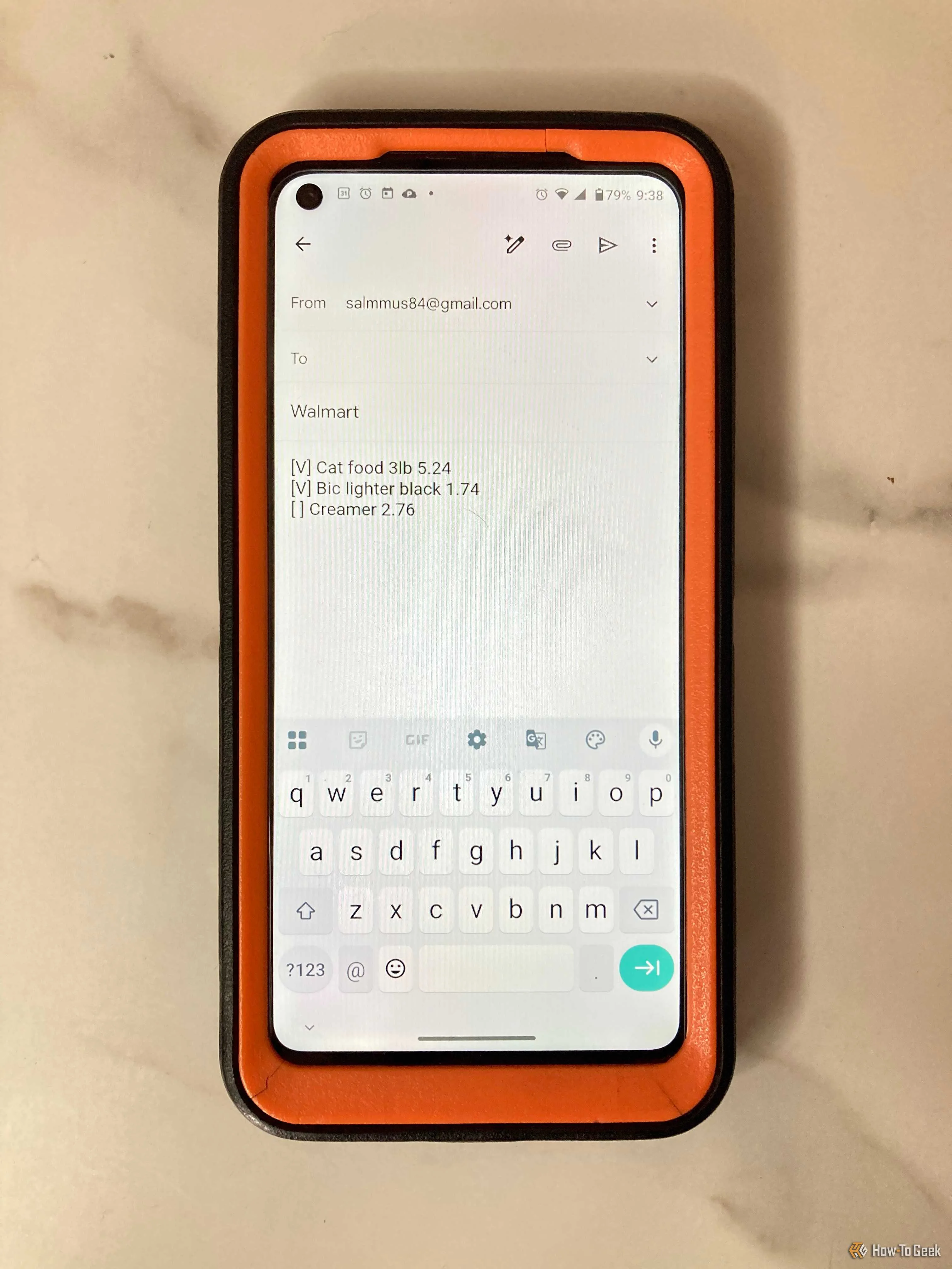 ColorNote app displaying the Gmail share option for a checklist