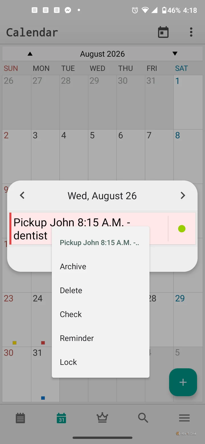 Android phone displaying the options screen for a ColorNote Calendar entry