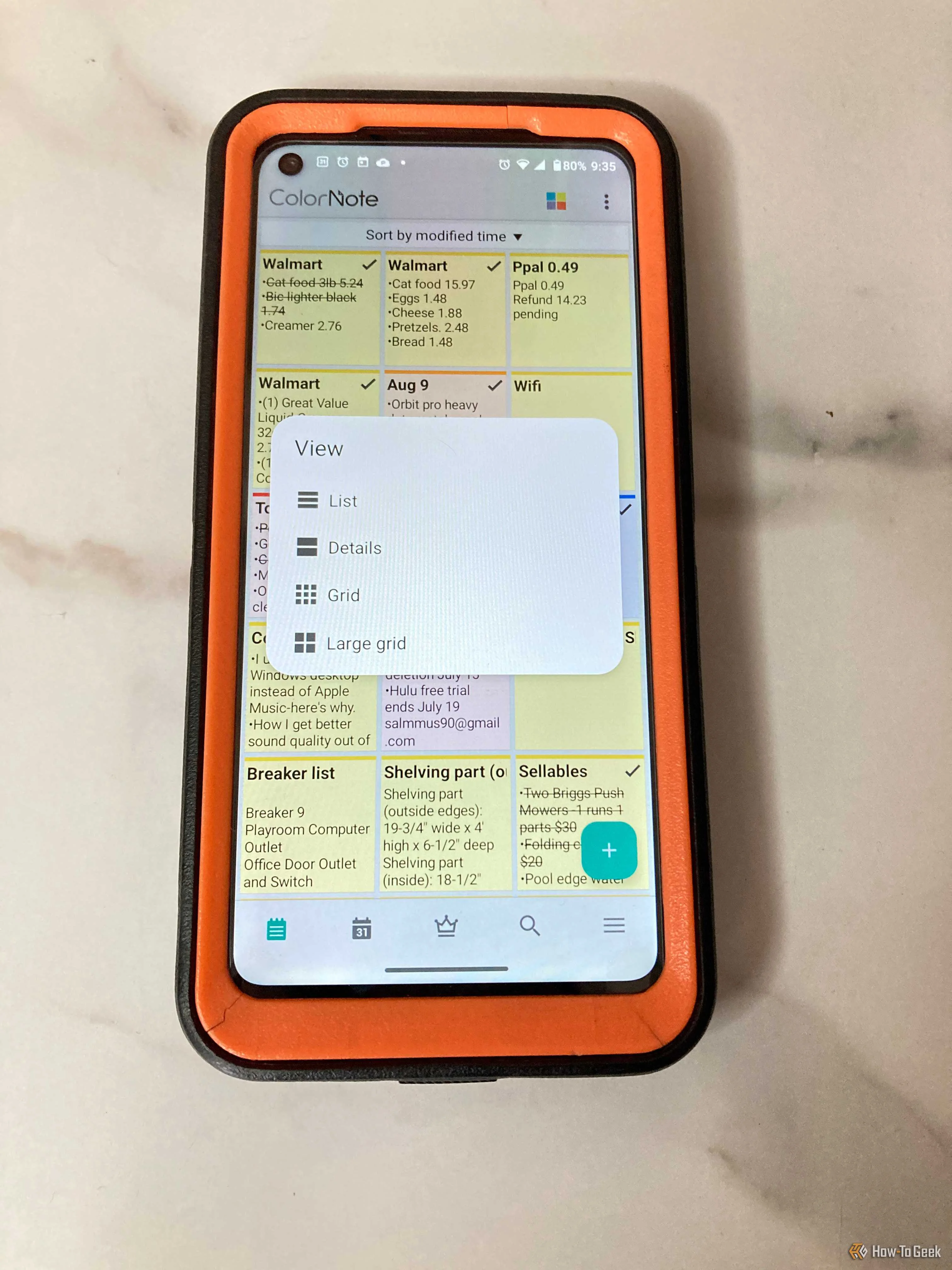 Android ColorNote app showing grid view with view options