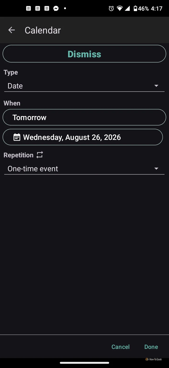 Android ColorNote app displaying Calendar settings for a scheduled task