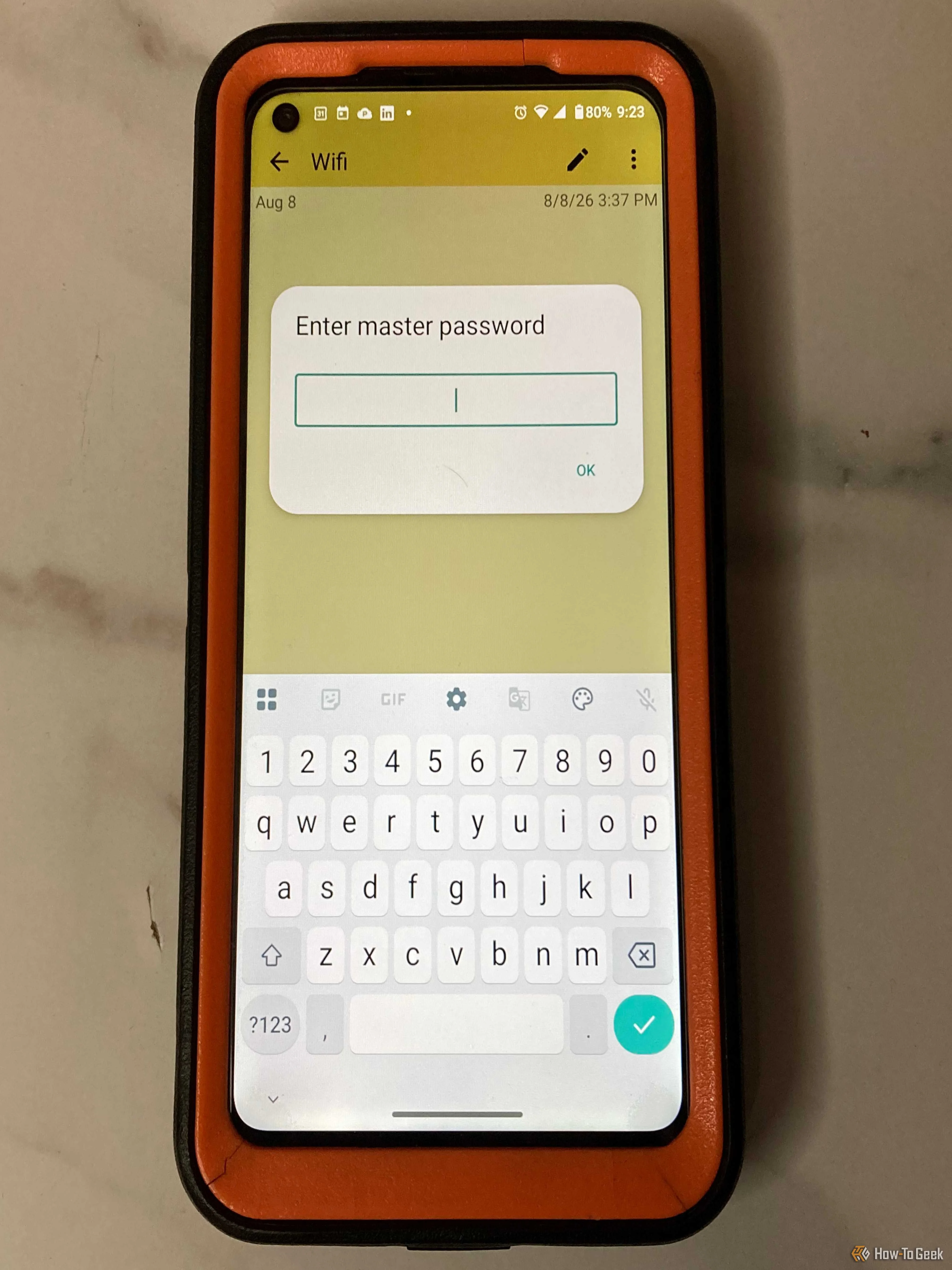 ColorNote app showing the password prompt for a specific note