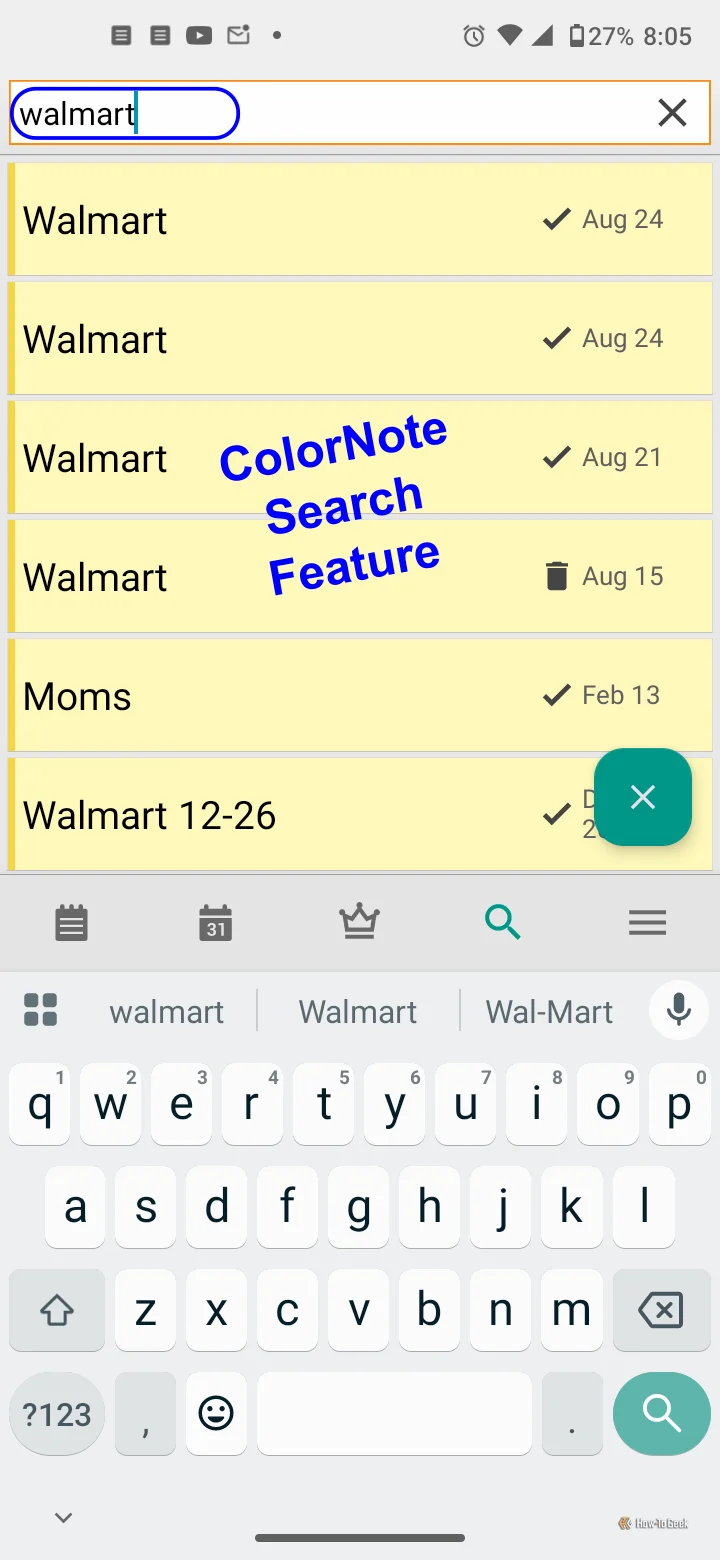 ColorNote app displaying the search feature to find notes with specific content