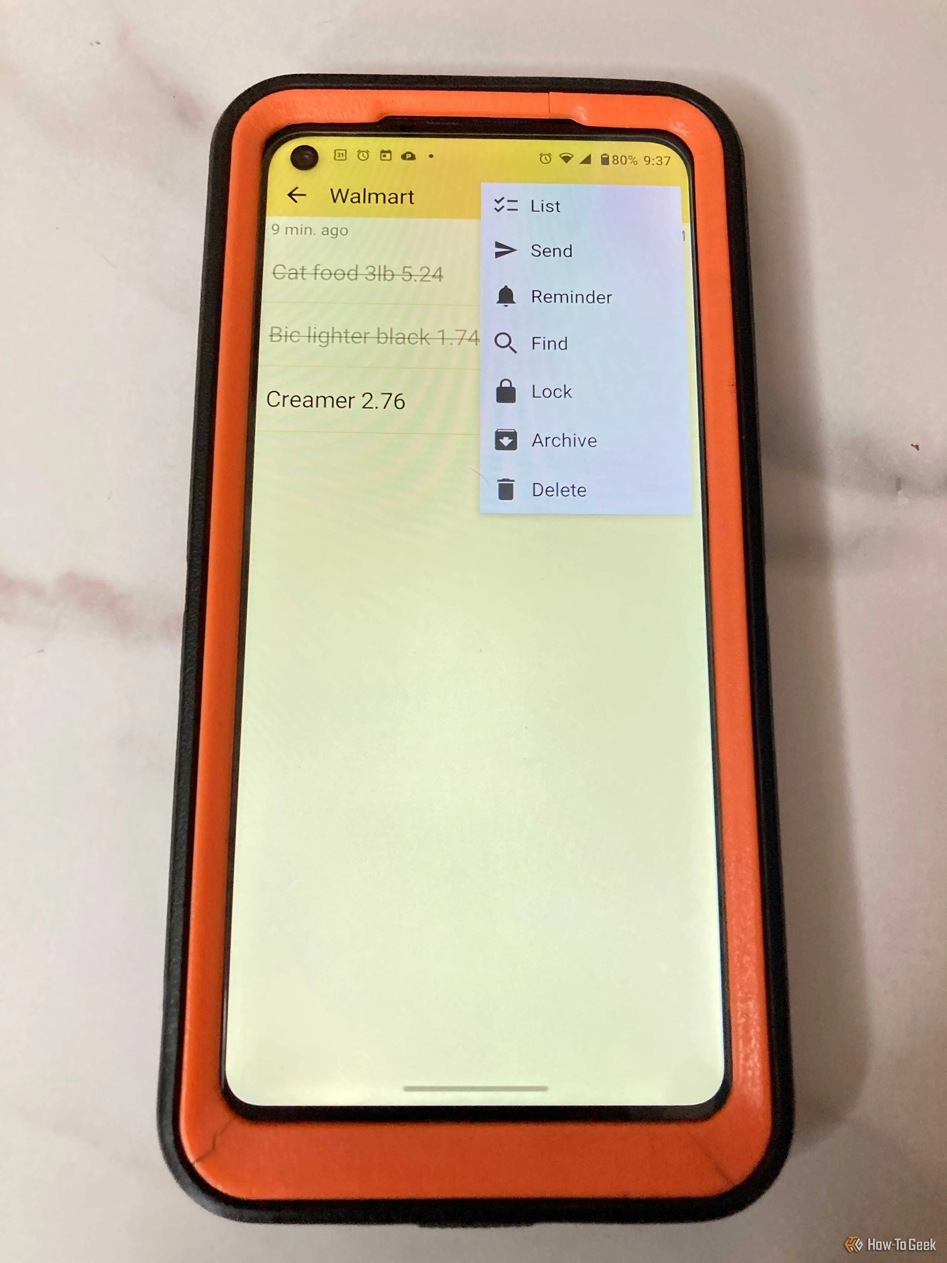 ColorNote app on Android, displaying a sample checklist with options