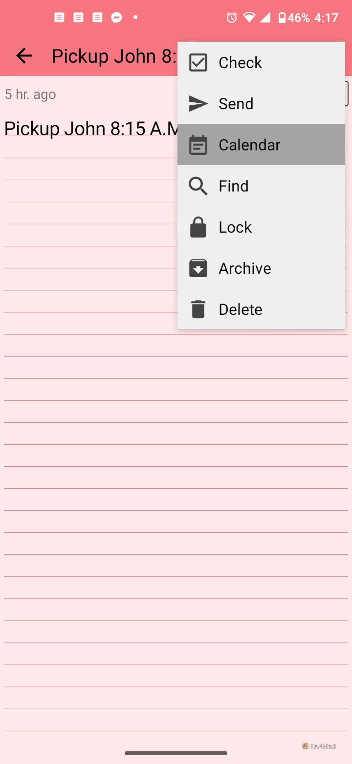 Smartphone view of the Android ColorNote Calendar showing the event editing screen with some options