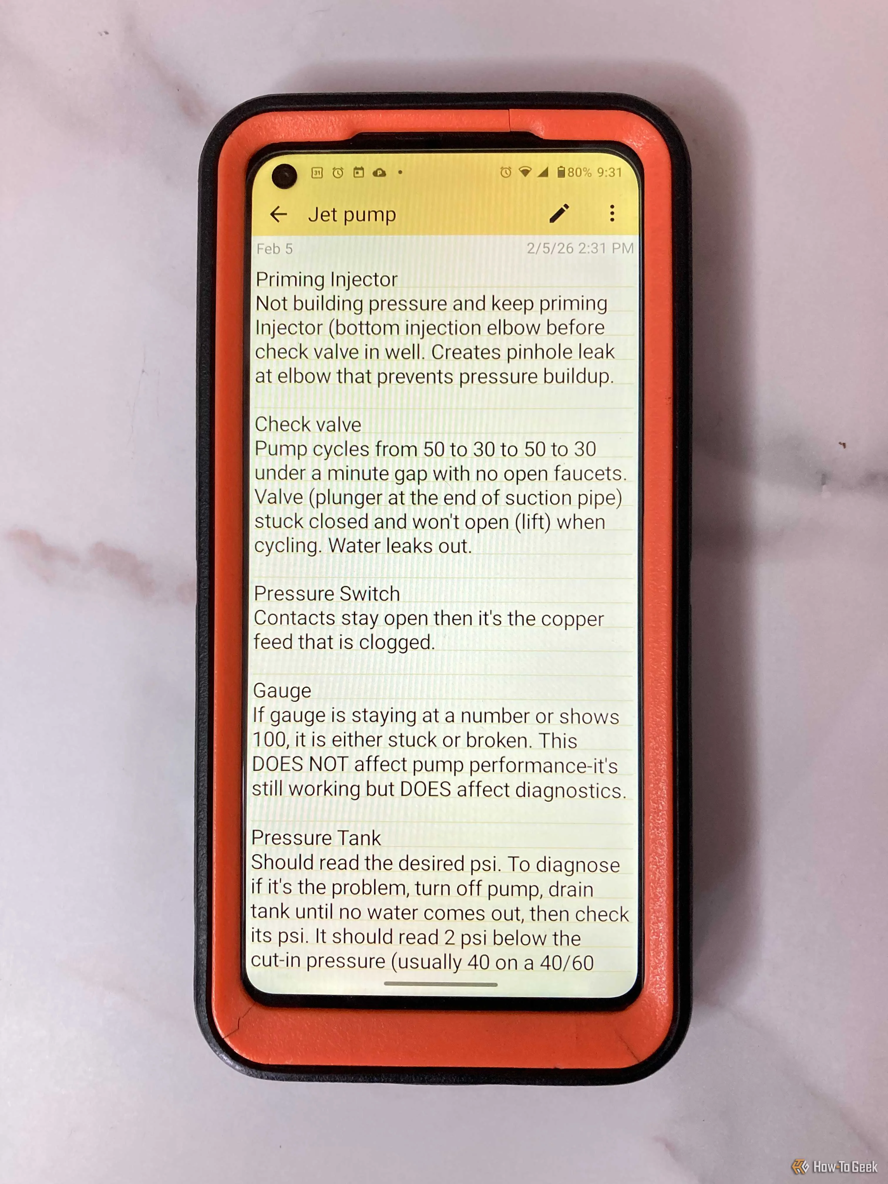 Android Colornote app showing a note for jet pump troubleshooting
