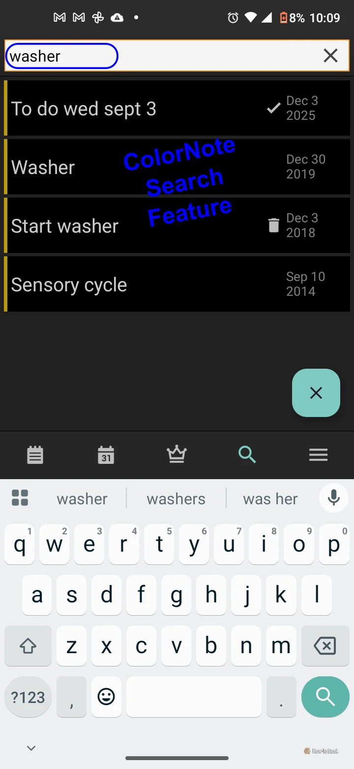 ColorNote app showing the search feature for the typed word