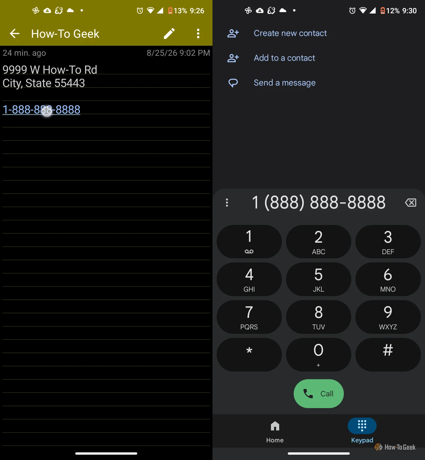 ColorNote app with auto link feature for phone number