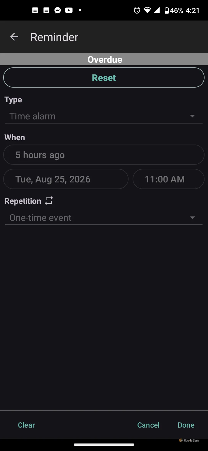 Android phone showing ColorNote Calender settings for an entry marked as overdue