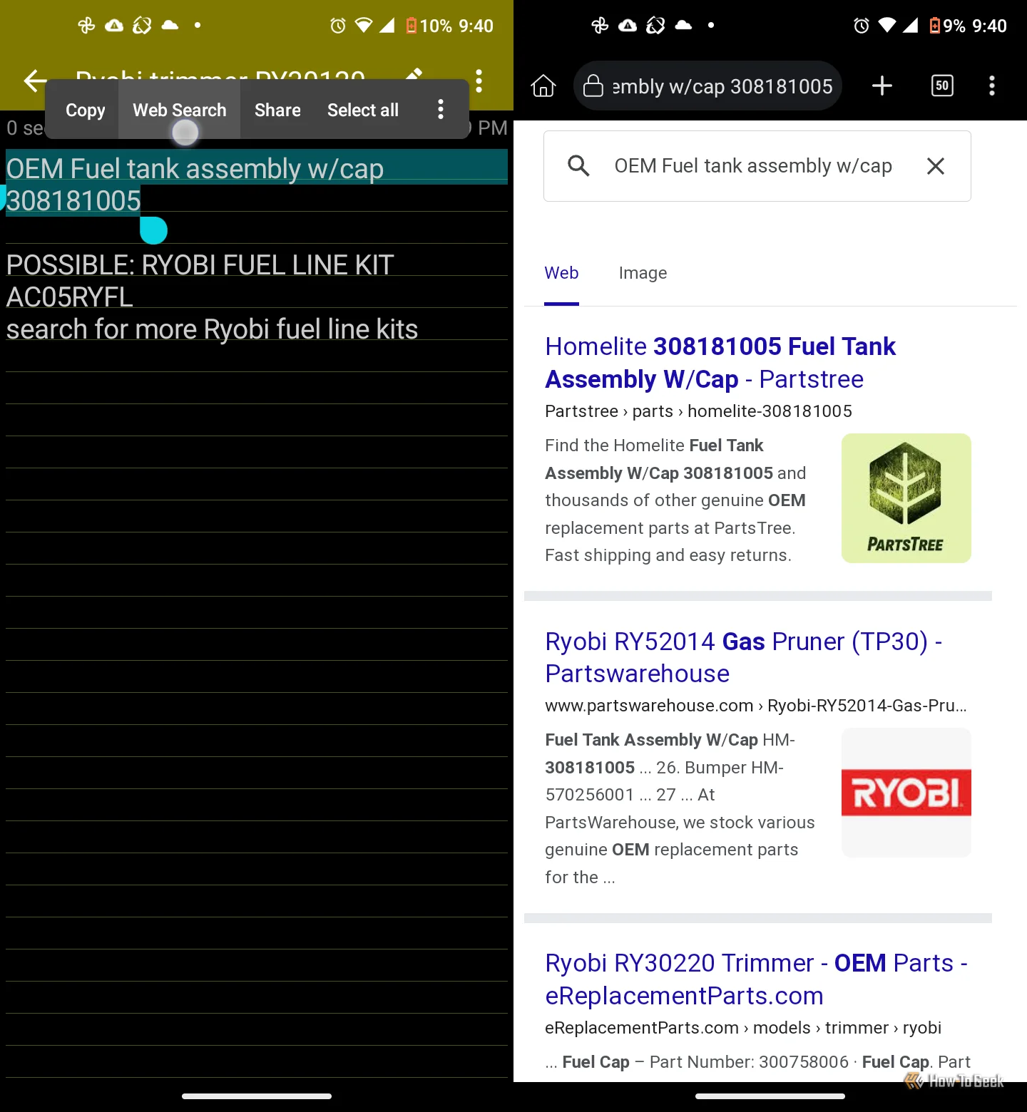 ColorNote app displaying the Web Search option for the highlighted text
