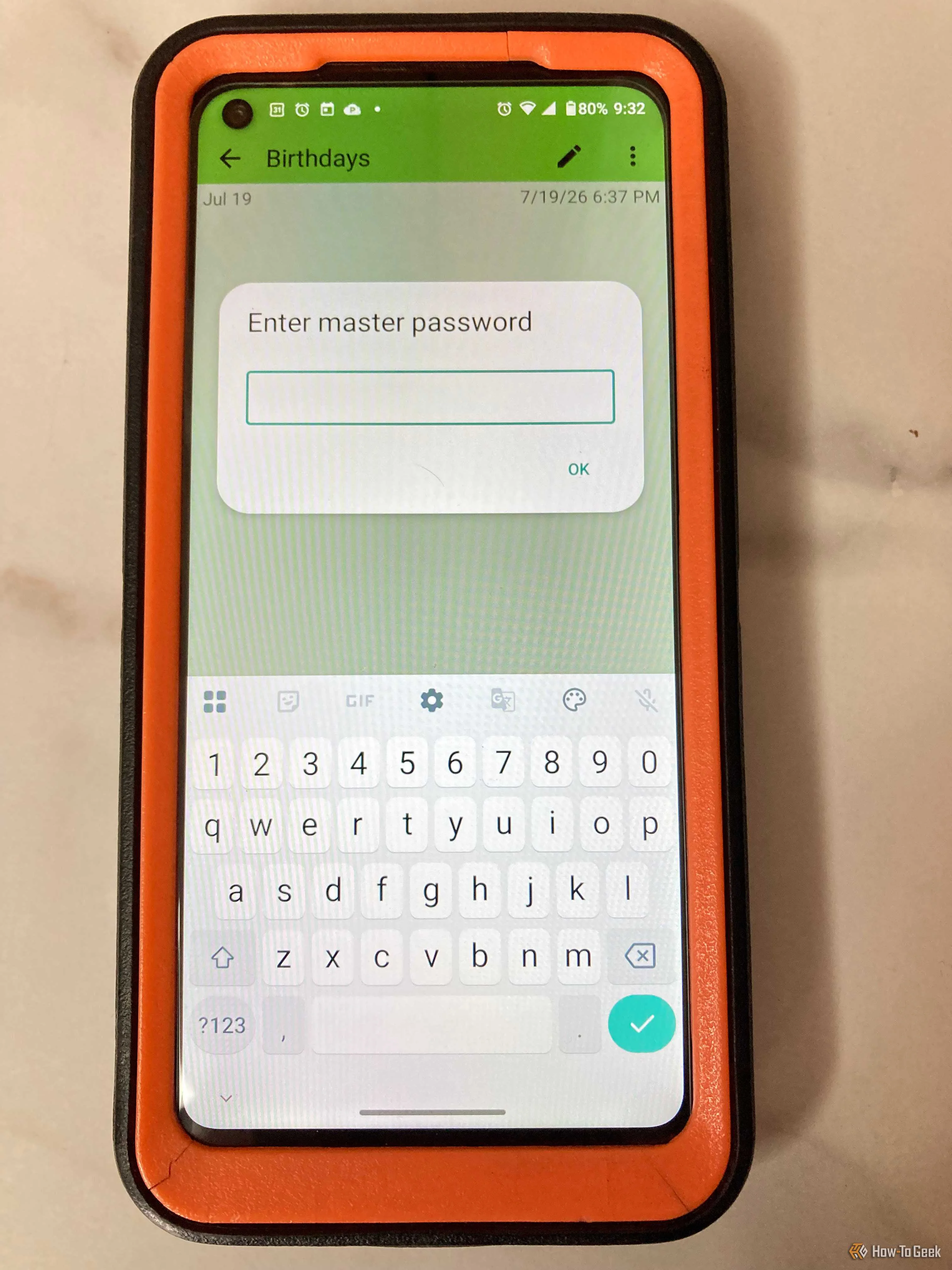ColorNote app displaying the password screen to access a specific note