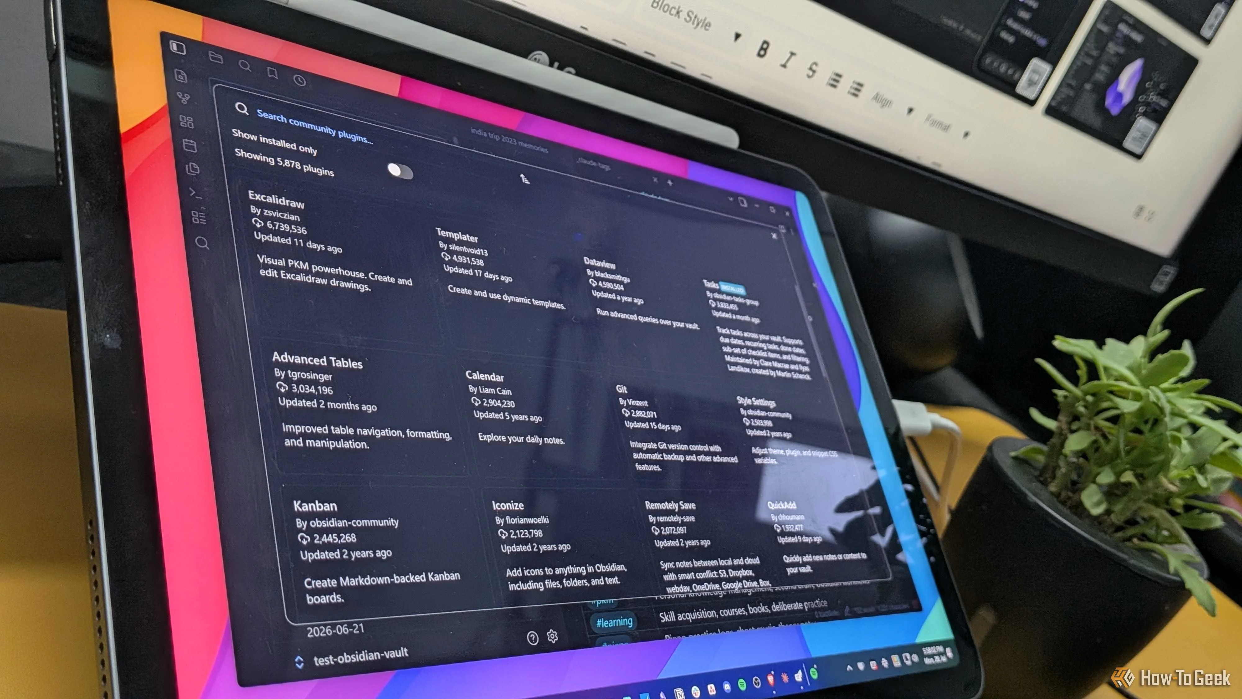 Obsidian community plugins window running in a tablet.