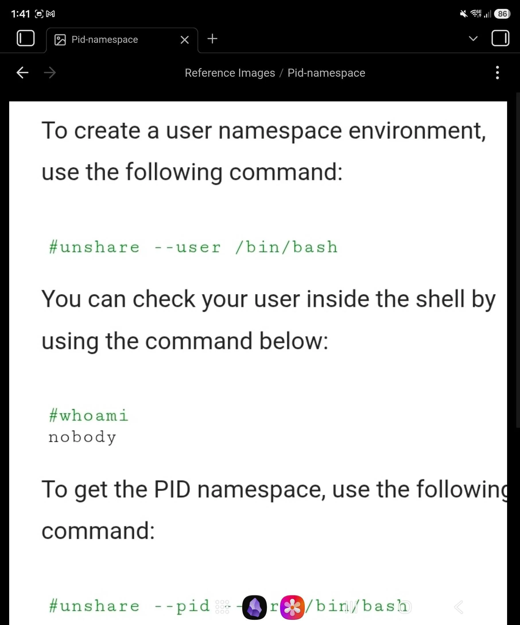 A screenshot of instructions showing how to create a PID namespace in Linux inside of an obsidian vault.
