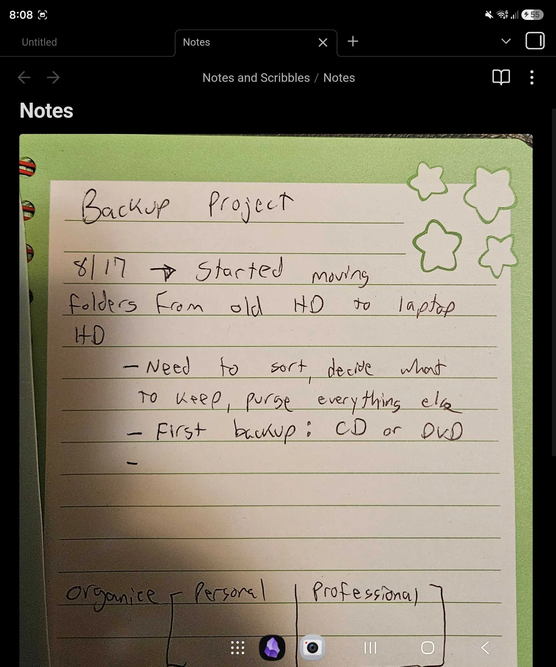A handwritten note about a backup project in obsidian