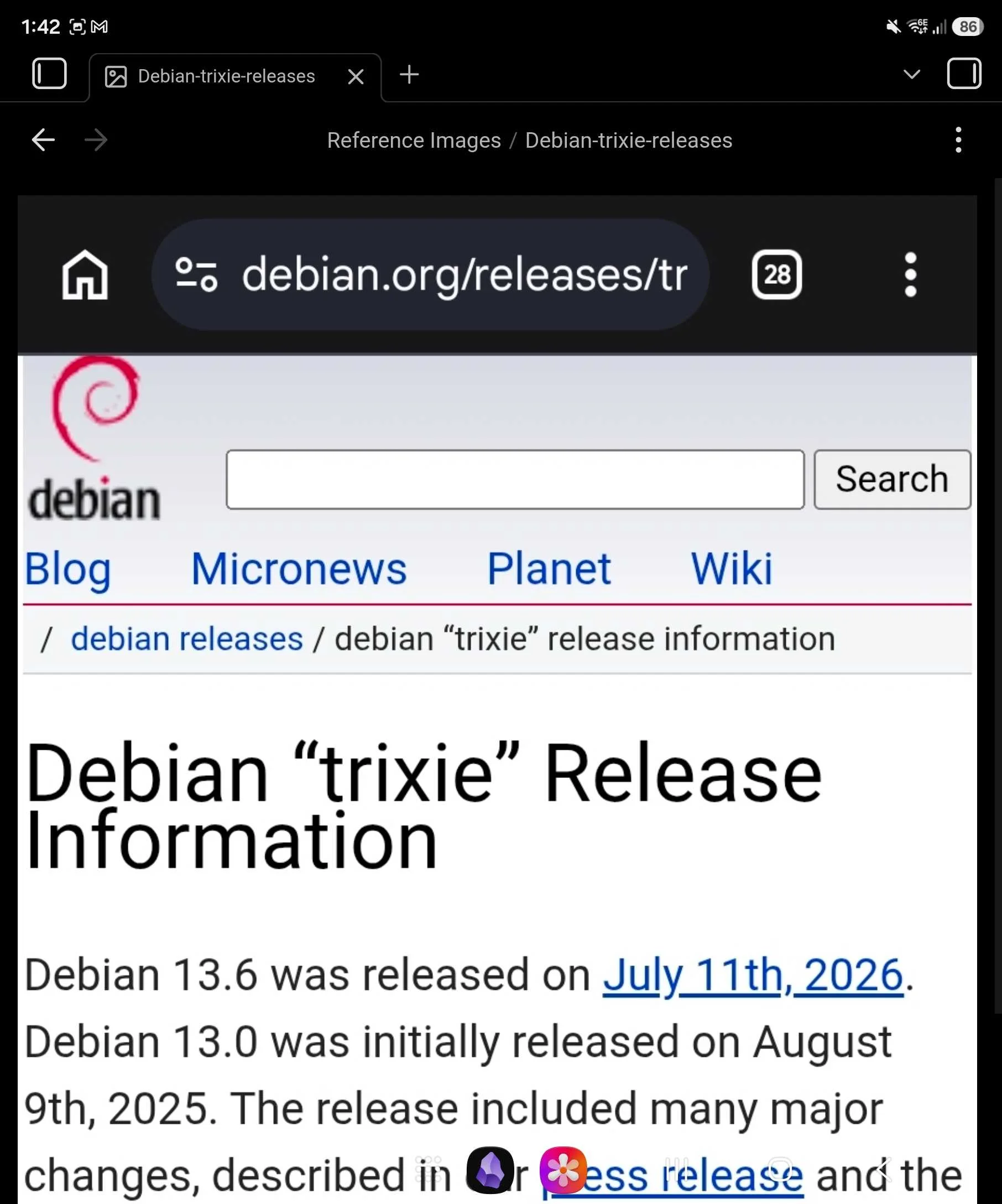 A screenshot of the Debian Linux release schedule inside of an obsidian vault 