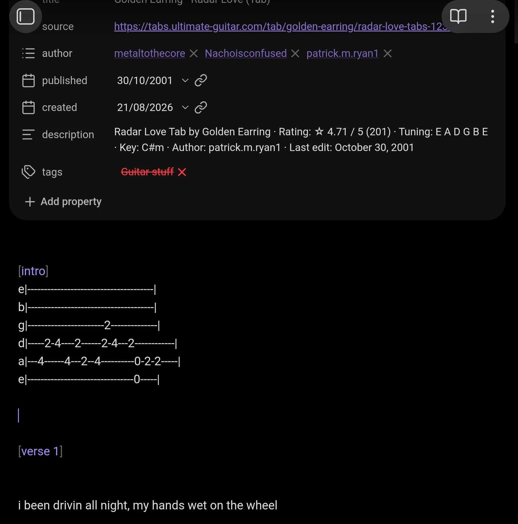A clipping of the guitar parts for the song radar love saved in obsidian.