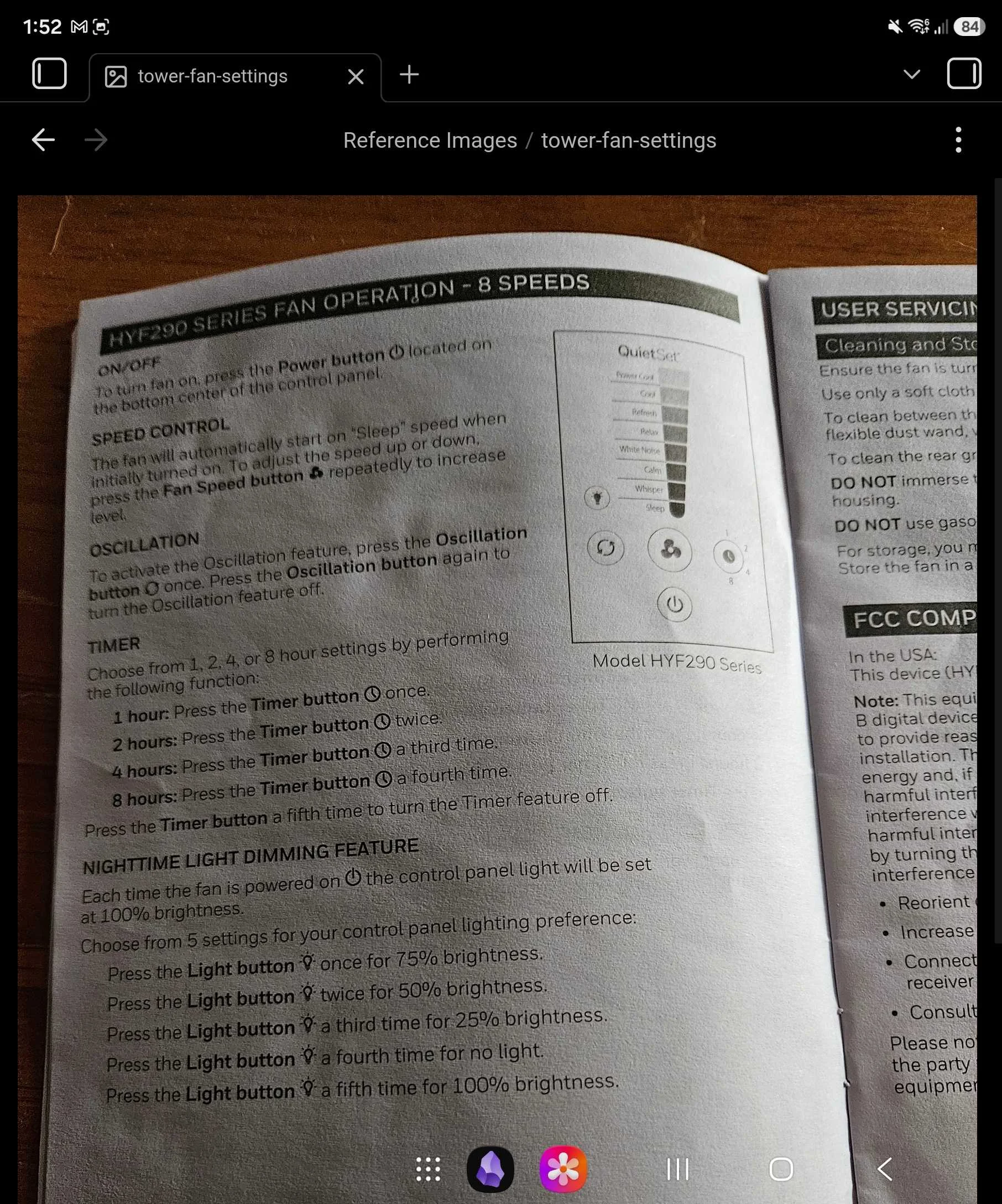 An image of tower fan operating instructions inside of an obsidian vault