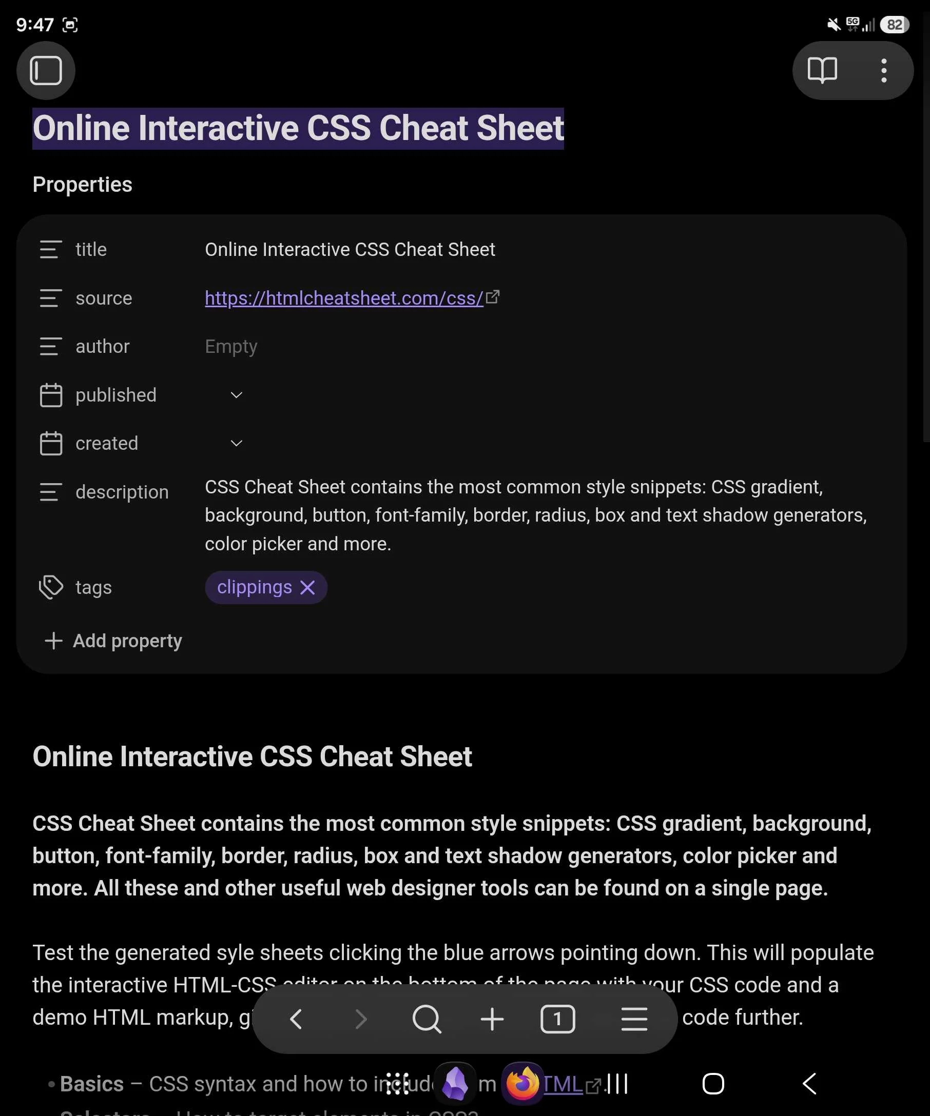 A clip of a CSS reference guide captured with Obsidian web clipper.