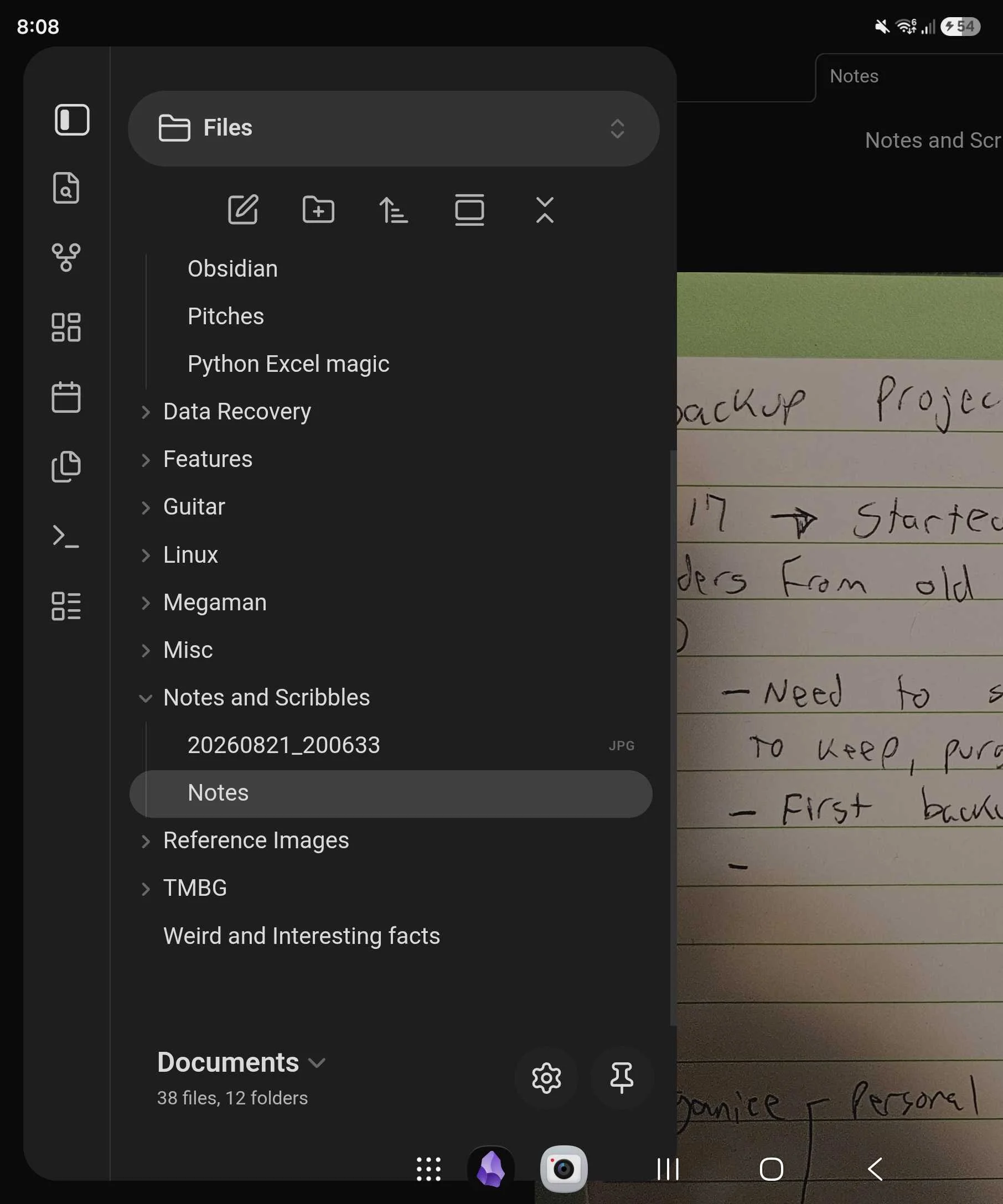 The menu side by side with the backup note in obsidian