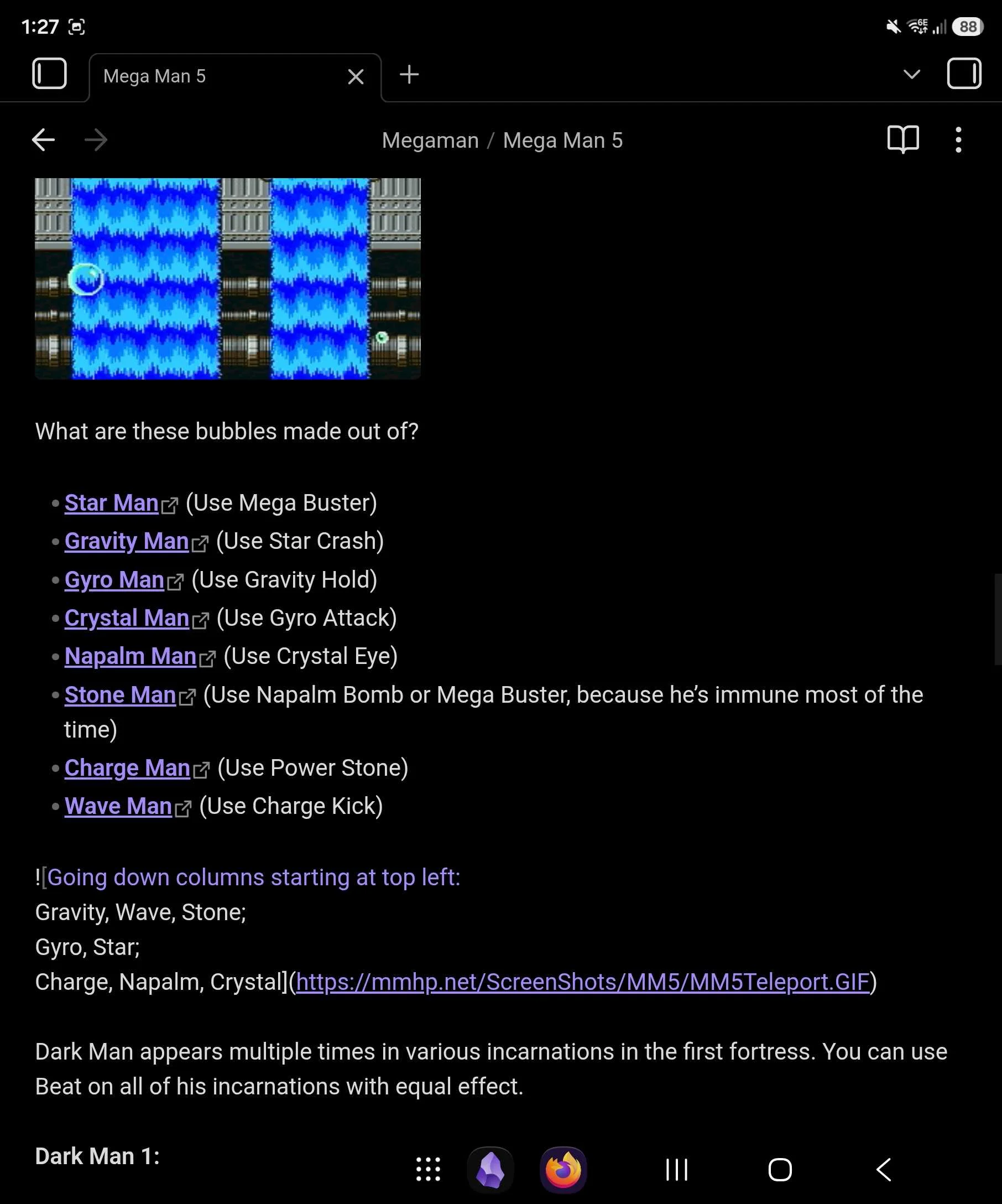 A web clip of the Mega Man 5 boss order captured with Obsidian Web Clipper.