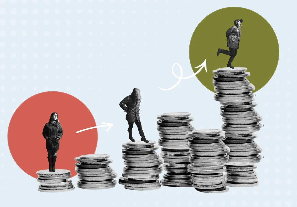 Collage of a woman climbing progressively taller stacks of coins, with arrows tracing her upward path.
