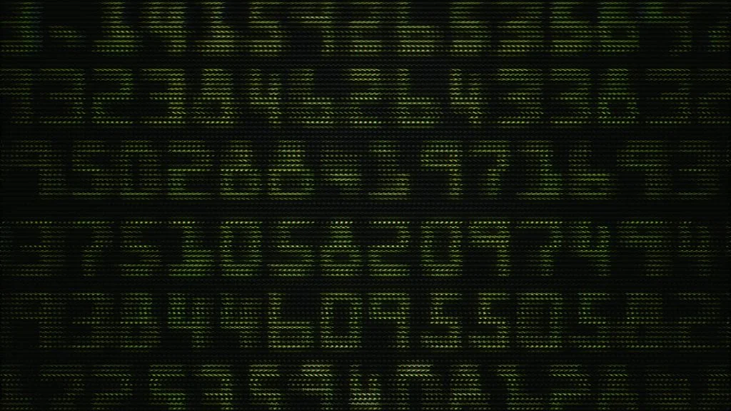Horizontal bands of distorted green digital numbers flicker across a black background.