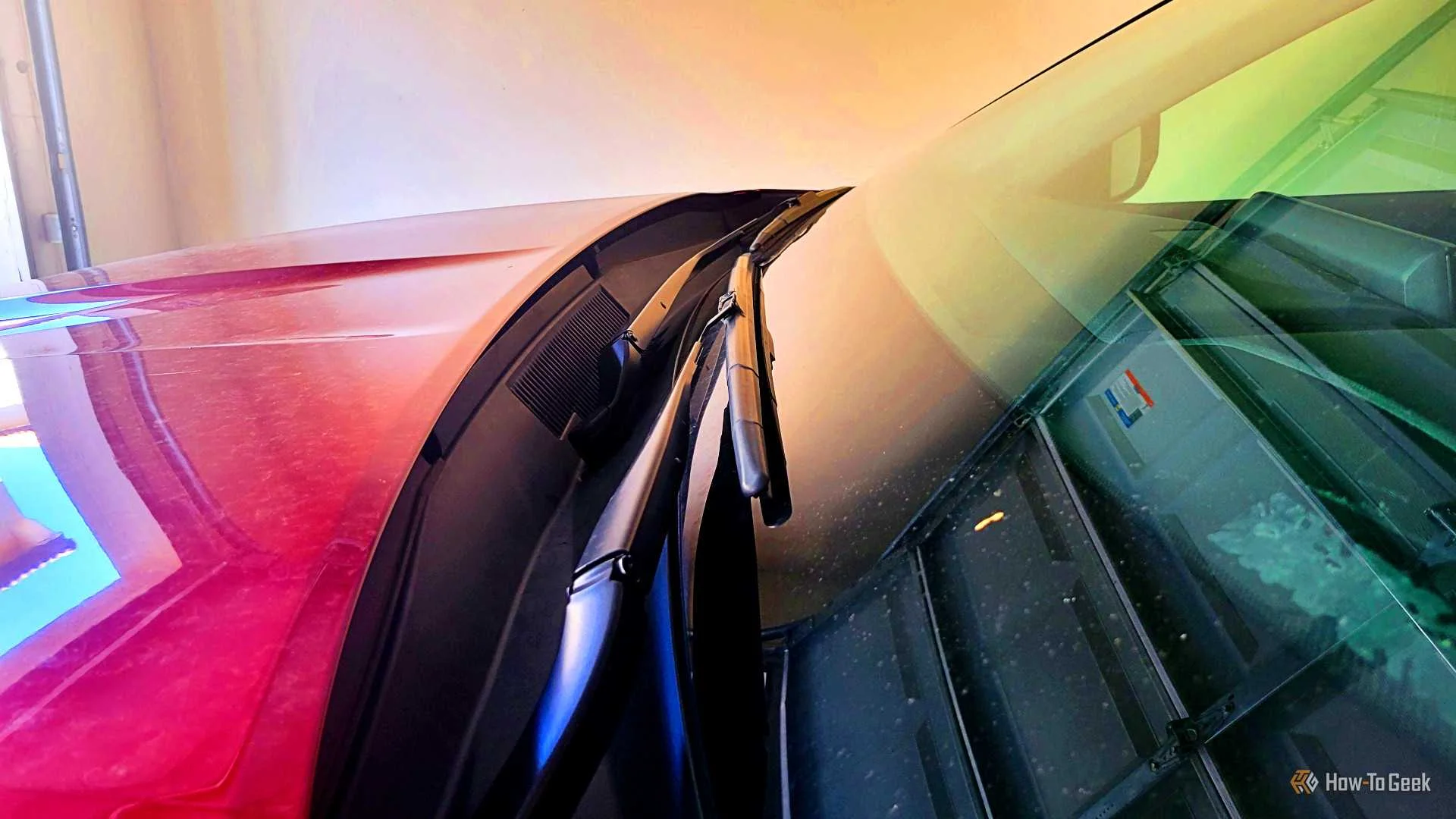 Windshield wipers in a car in a garage