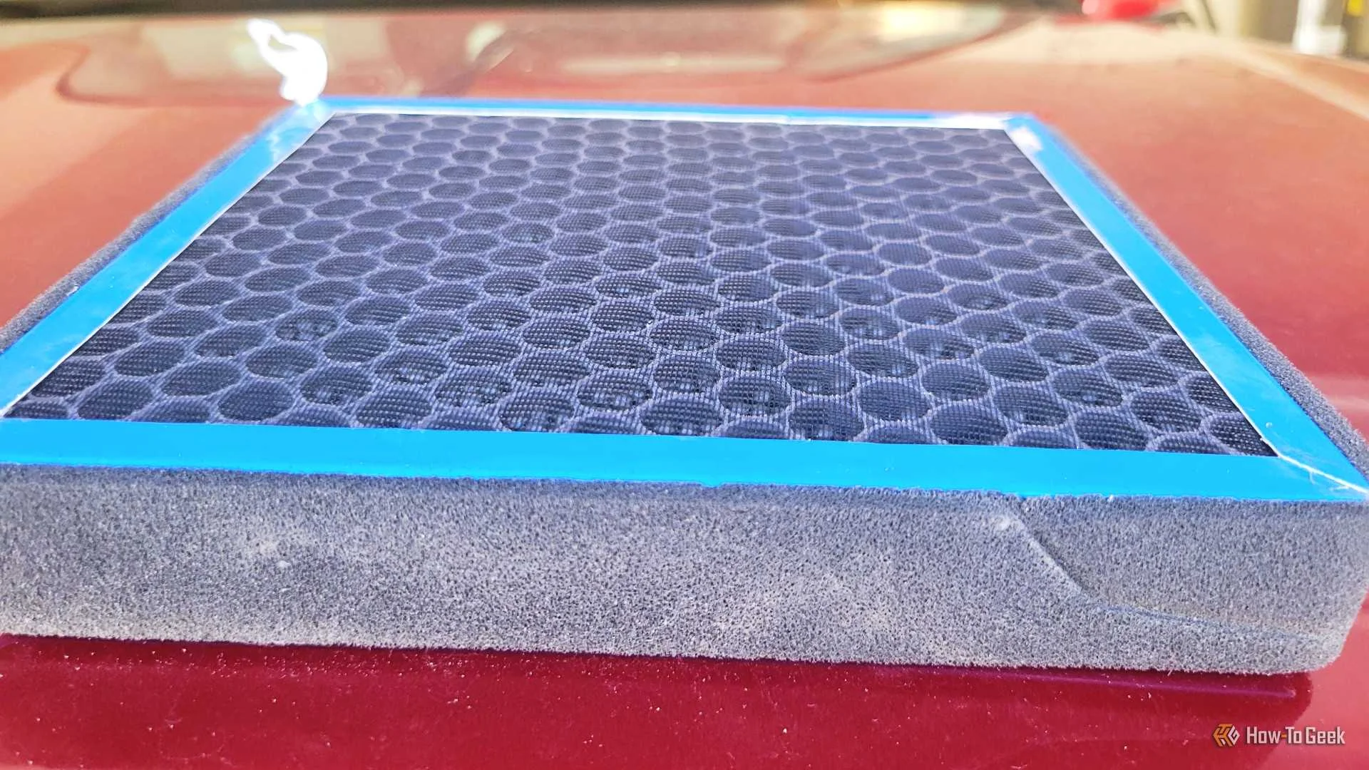 Close up on a cabin air filter upside down