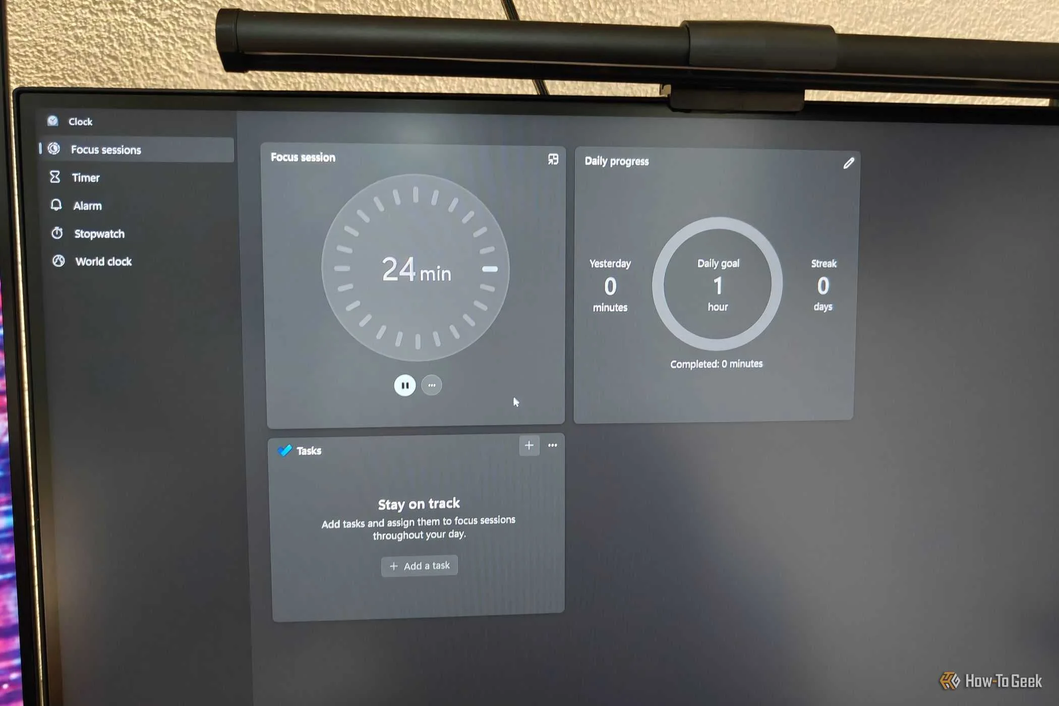 The clock app with the Focus Session feature in Windows 11.
