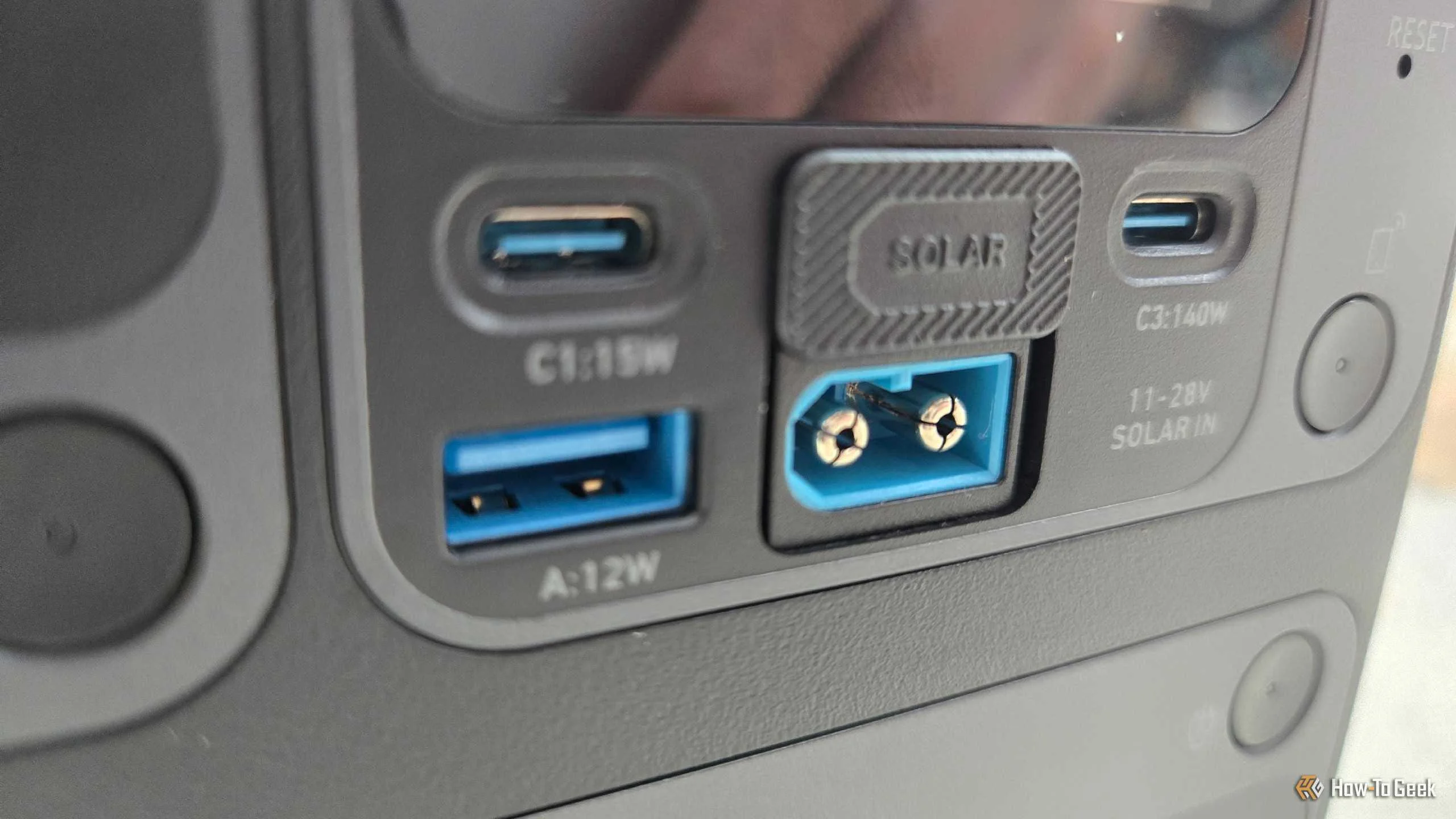 The solar charging port on an Anker C300.