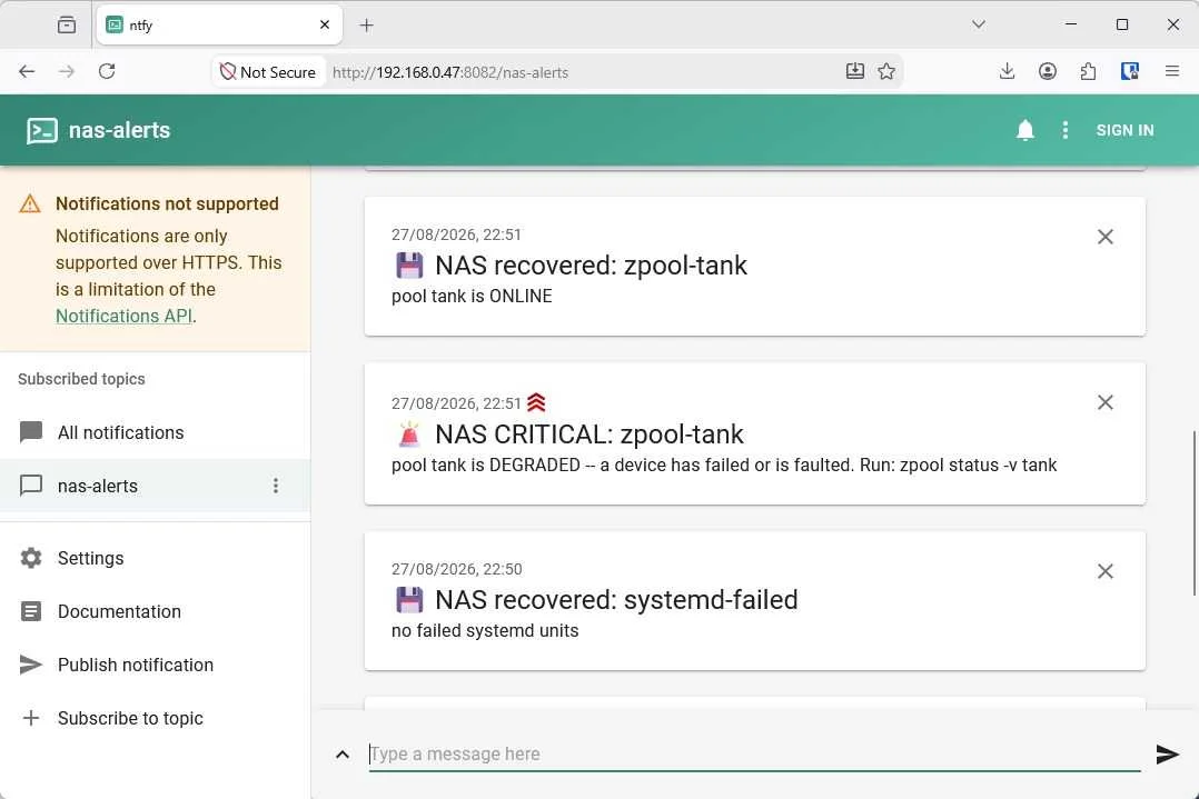 NAS alerts using ntfy.