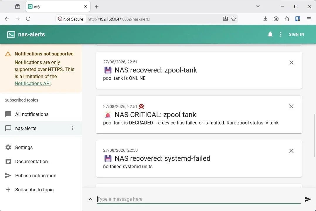 NAS alerts using ntfy.