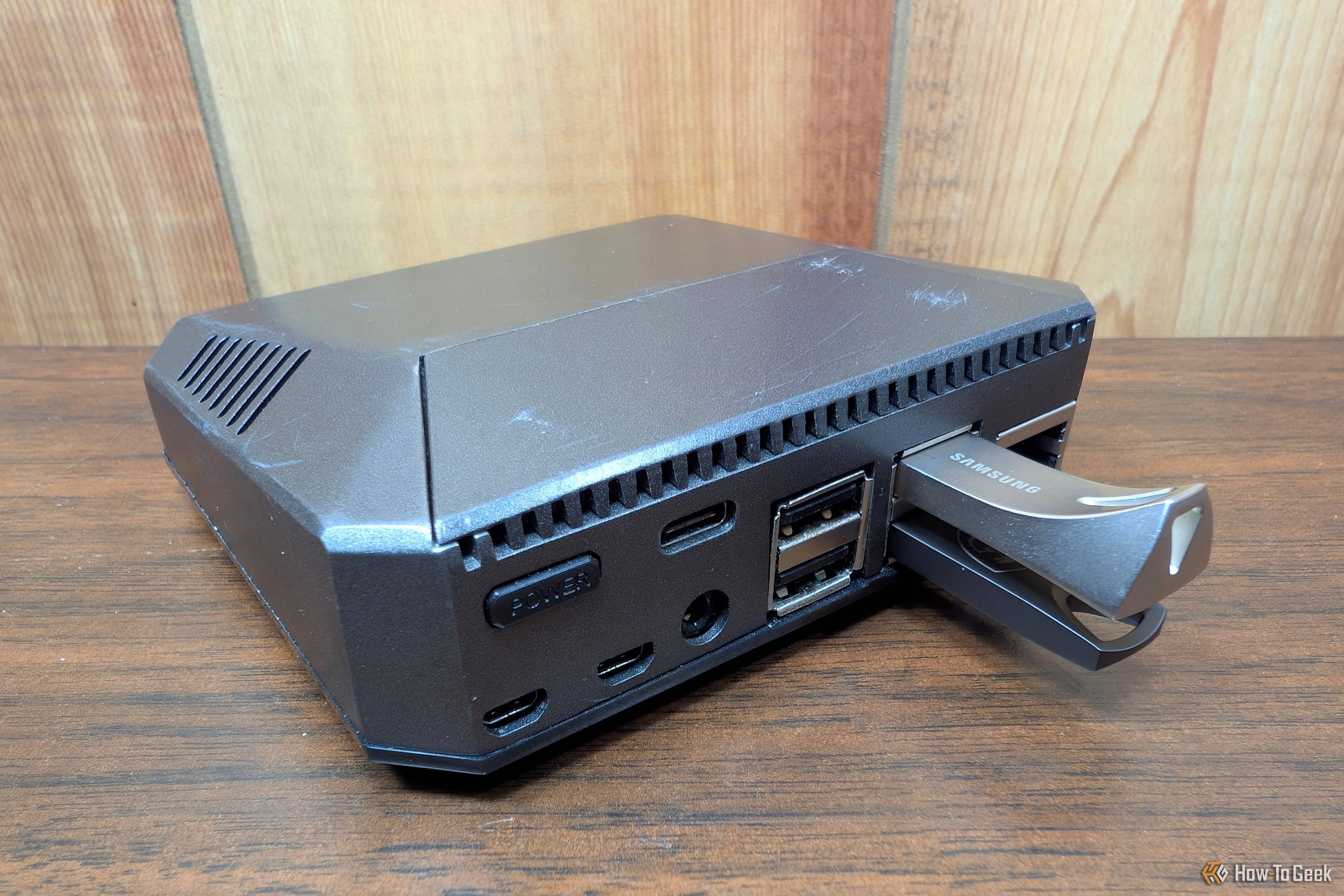 A Raspberry Pi NAS sitting on a desk. 