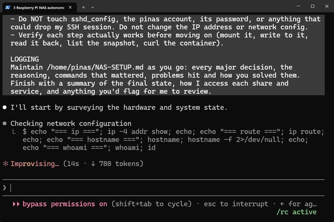 A Raspberry Pi NAS instruction window for Claude. 