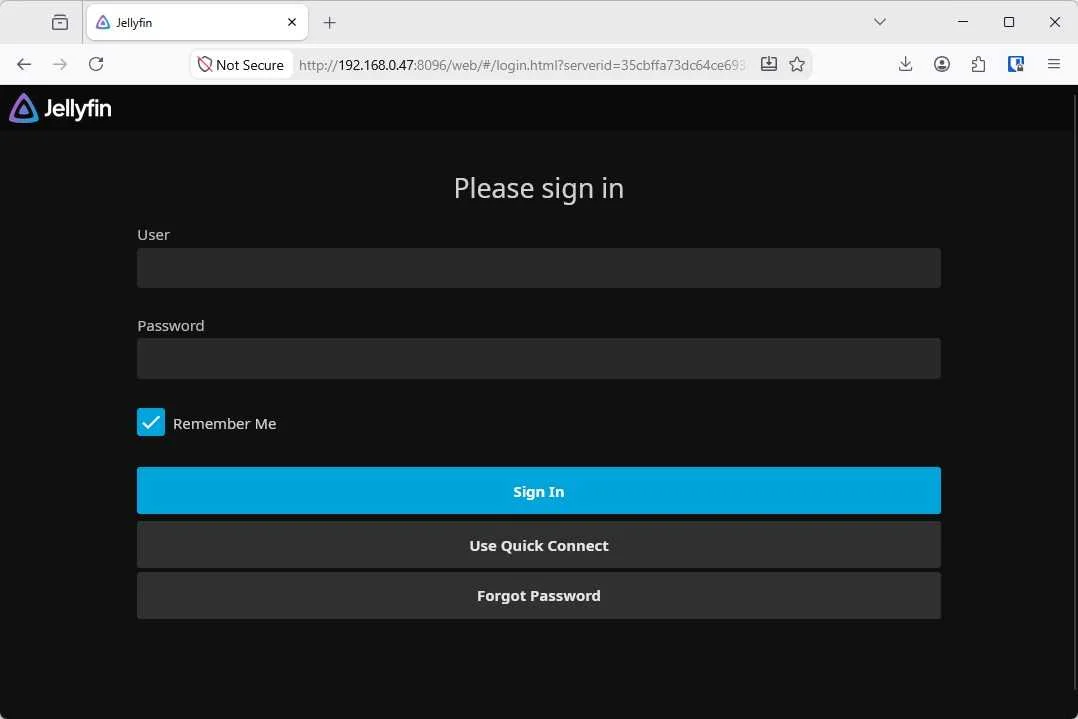 A Jellyfin login page.