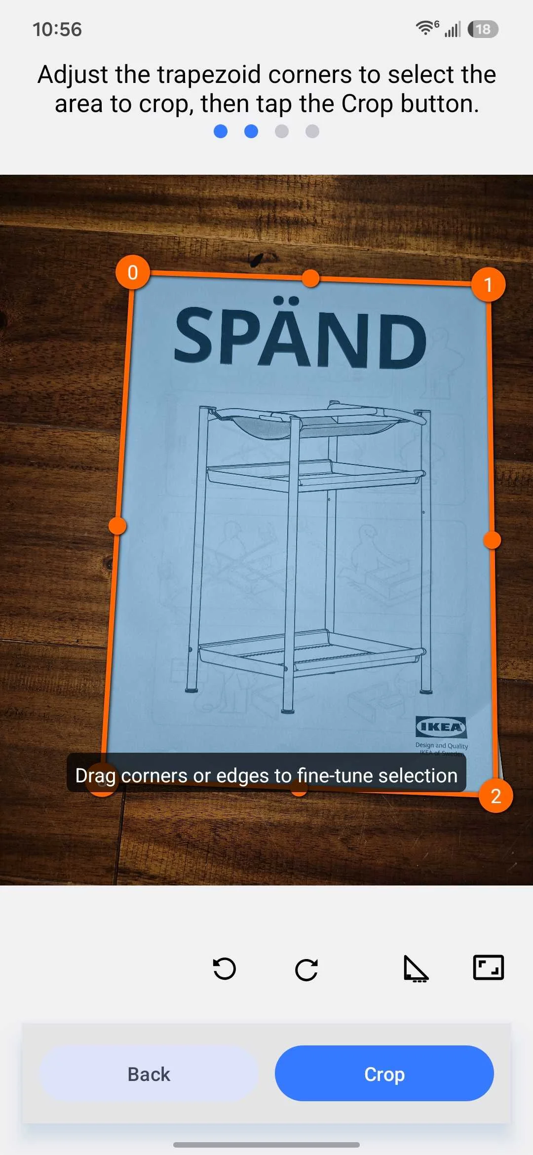 Cropping a document within the MakeACopy Android app.