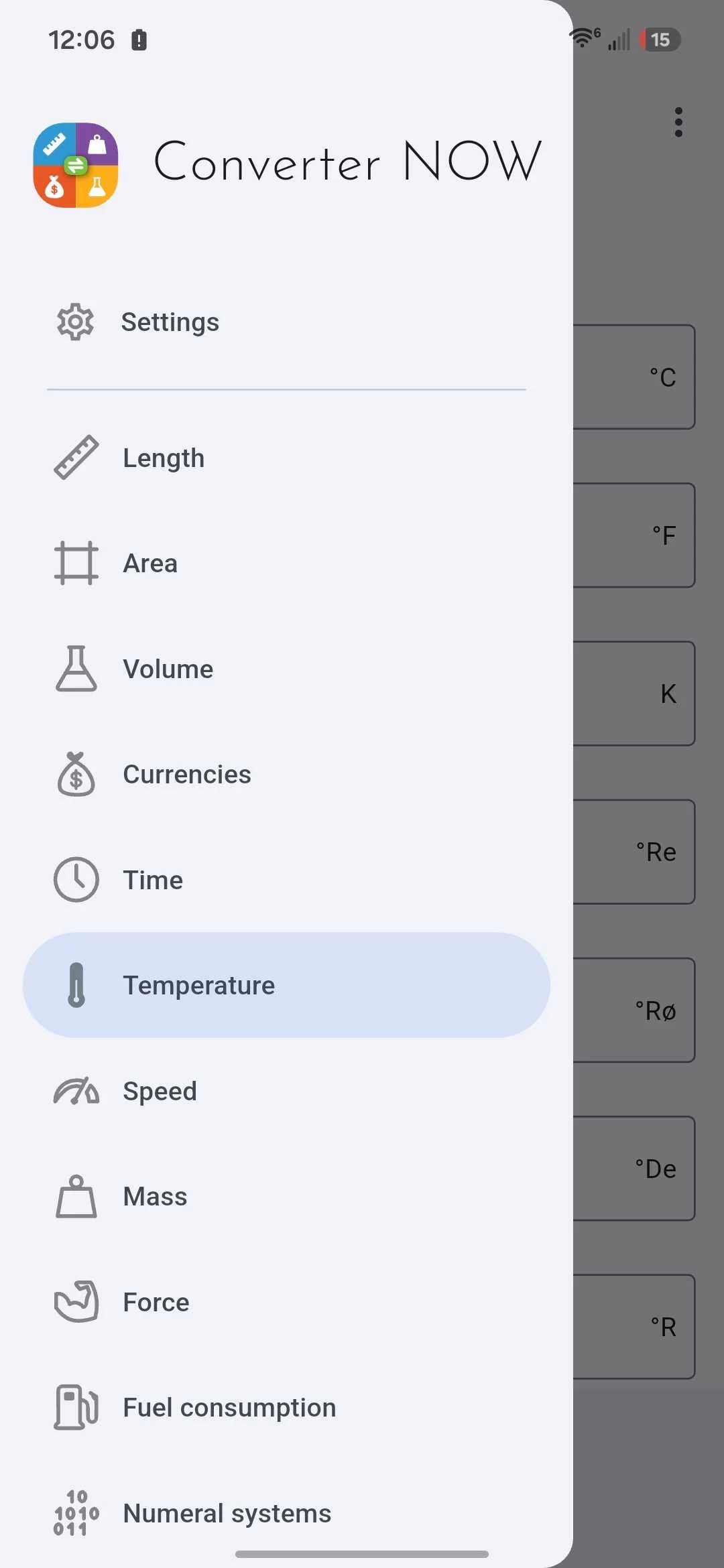 The sidebar of the Converter NOW Android app.