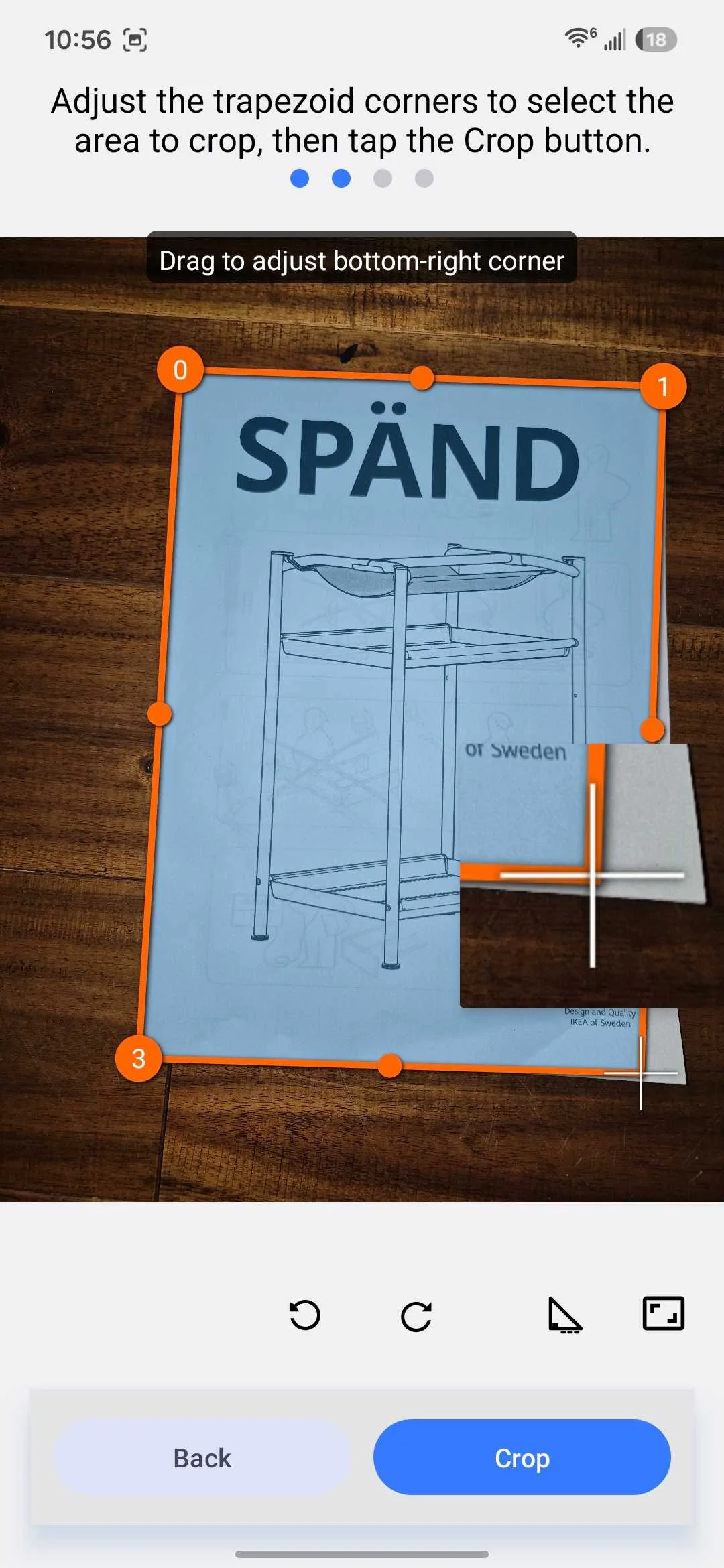Cropping a document to scan within the MakeACopy Android app.