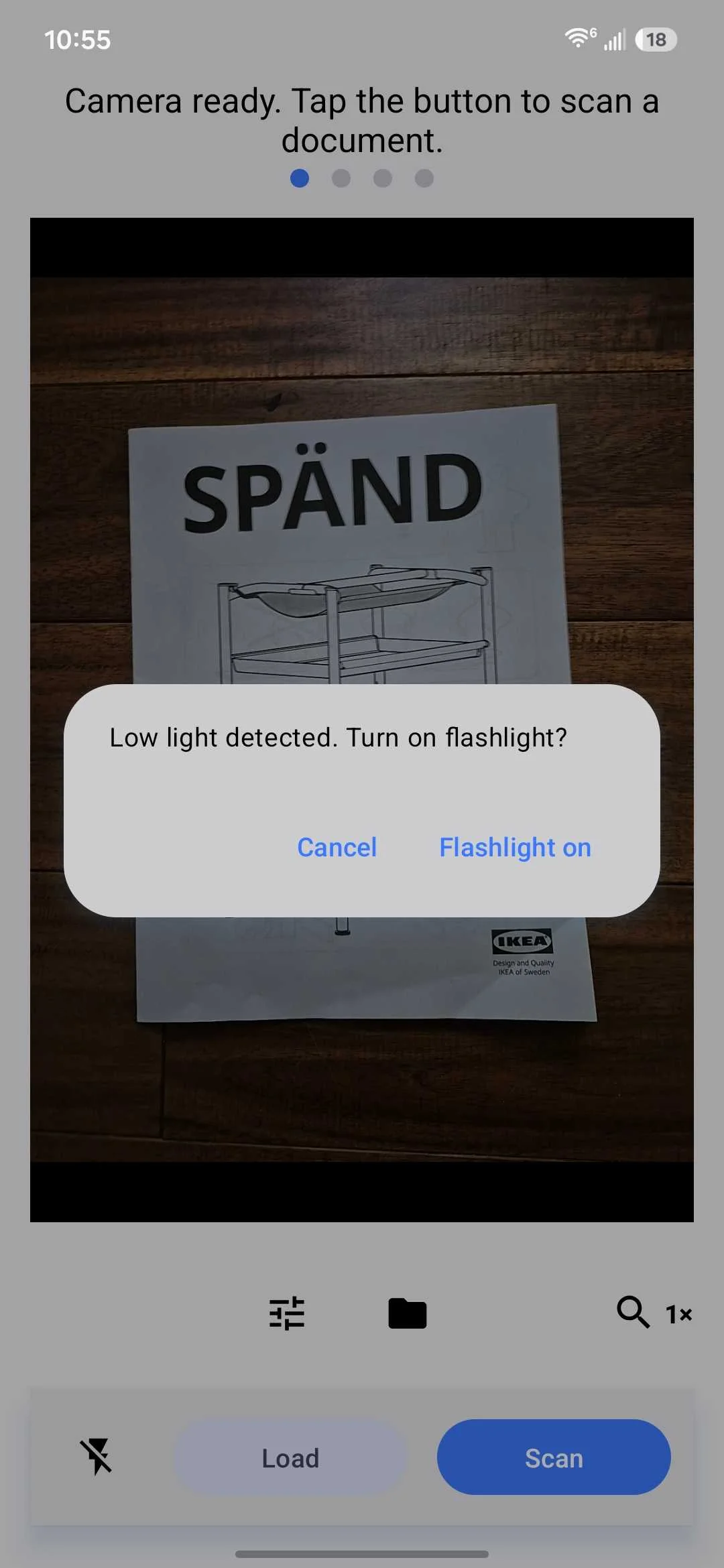Prompt to turn on the flashlight within the MakeACopy Android app.