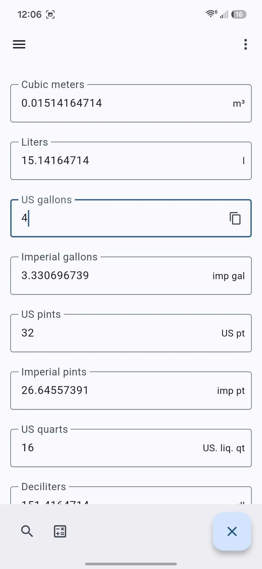 Volume conversions within the Converter NOW Android app.