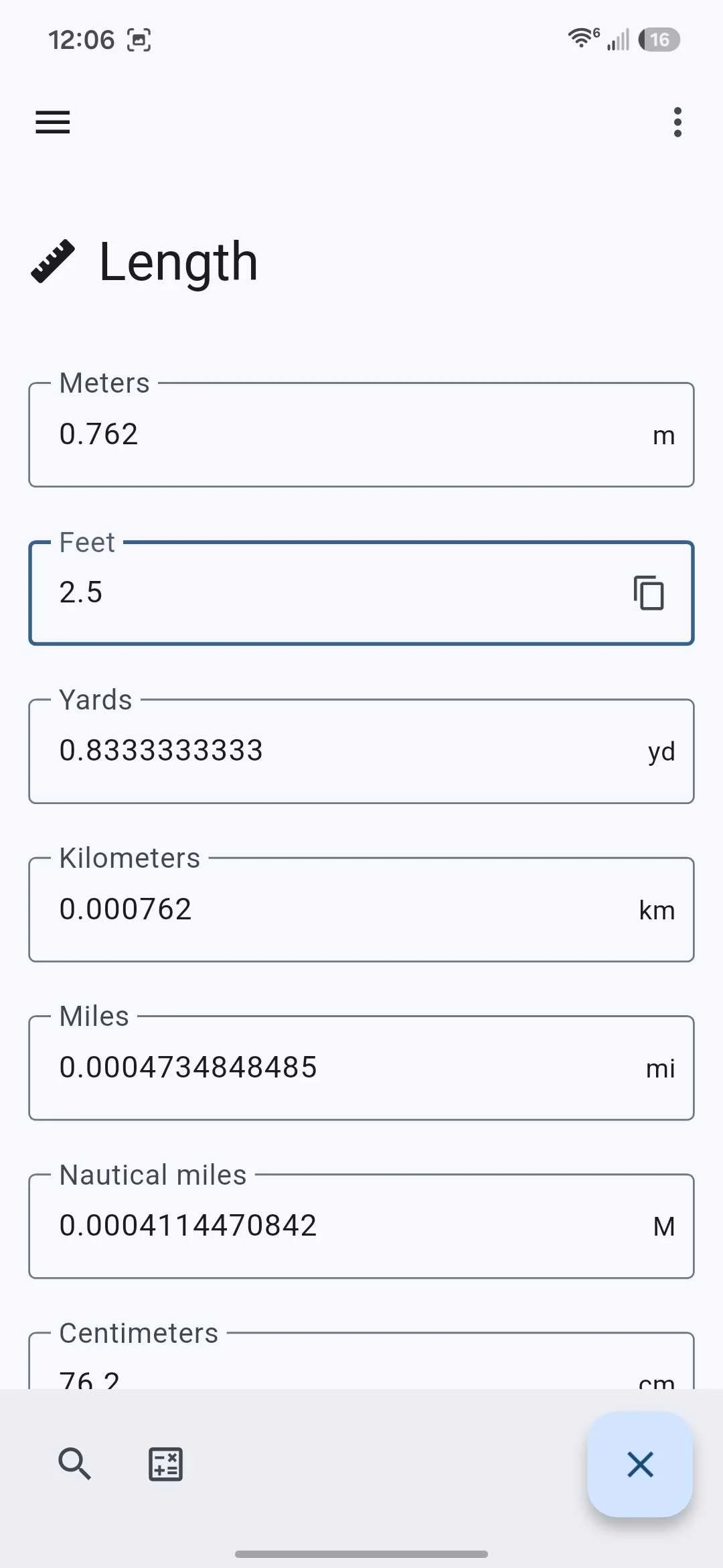 Length conversions within the Converter NOW Android app.
